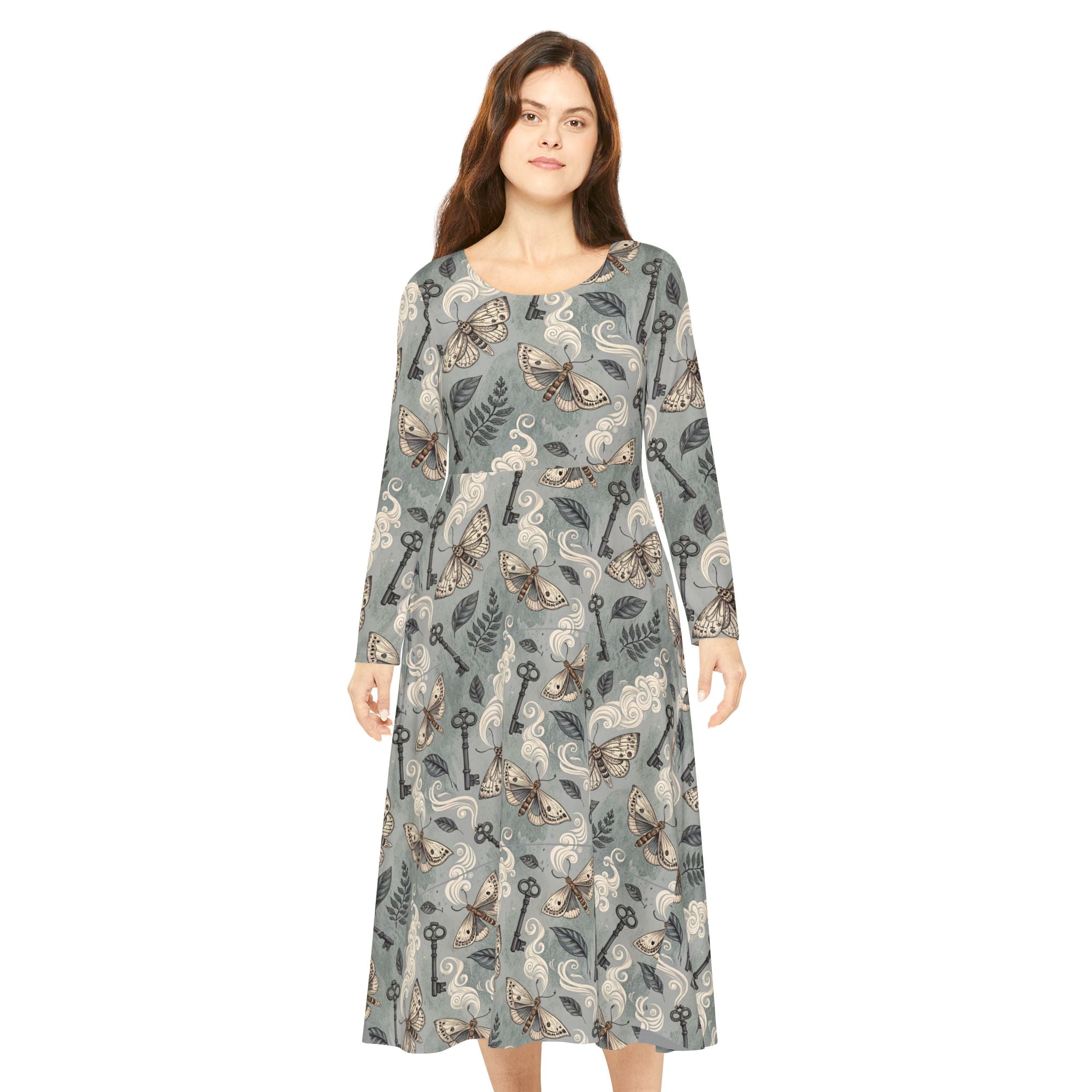 Woman wearing a long-sleeve dress with a pattern on a white background