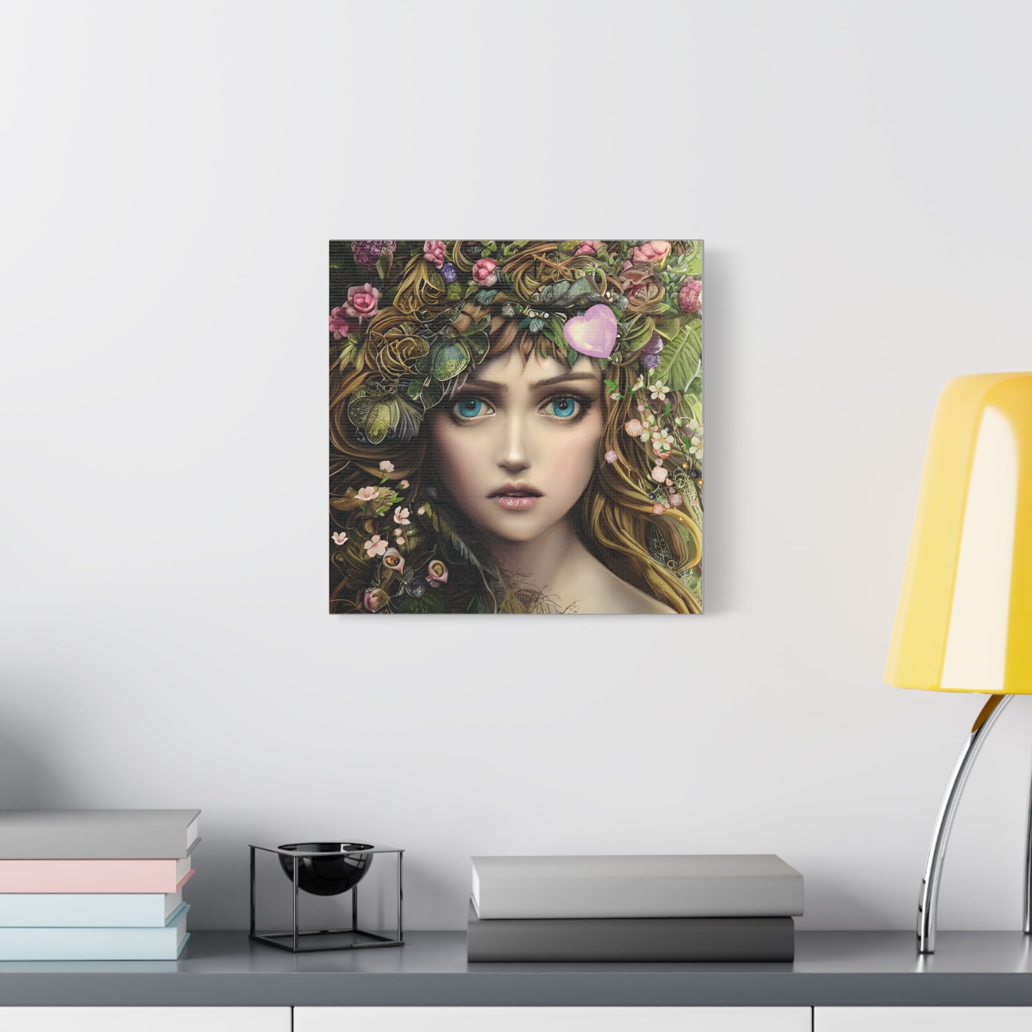 Artistic depiction of a woman's face with floral and leafy wreath on a white background