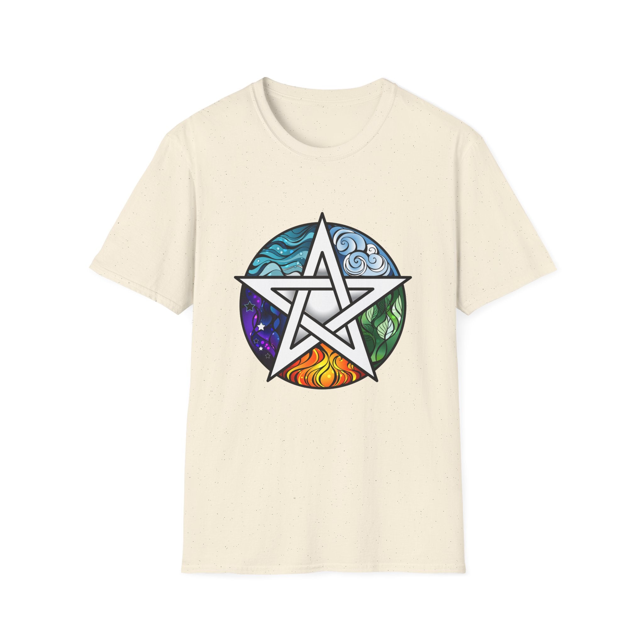 Cream t-shirt with a colorful pentacle design 