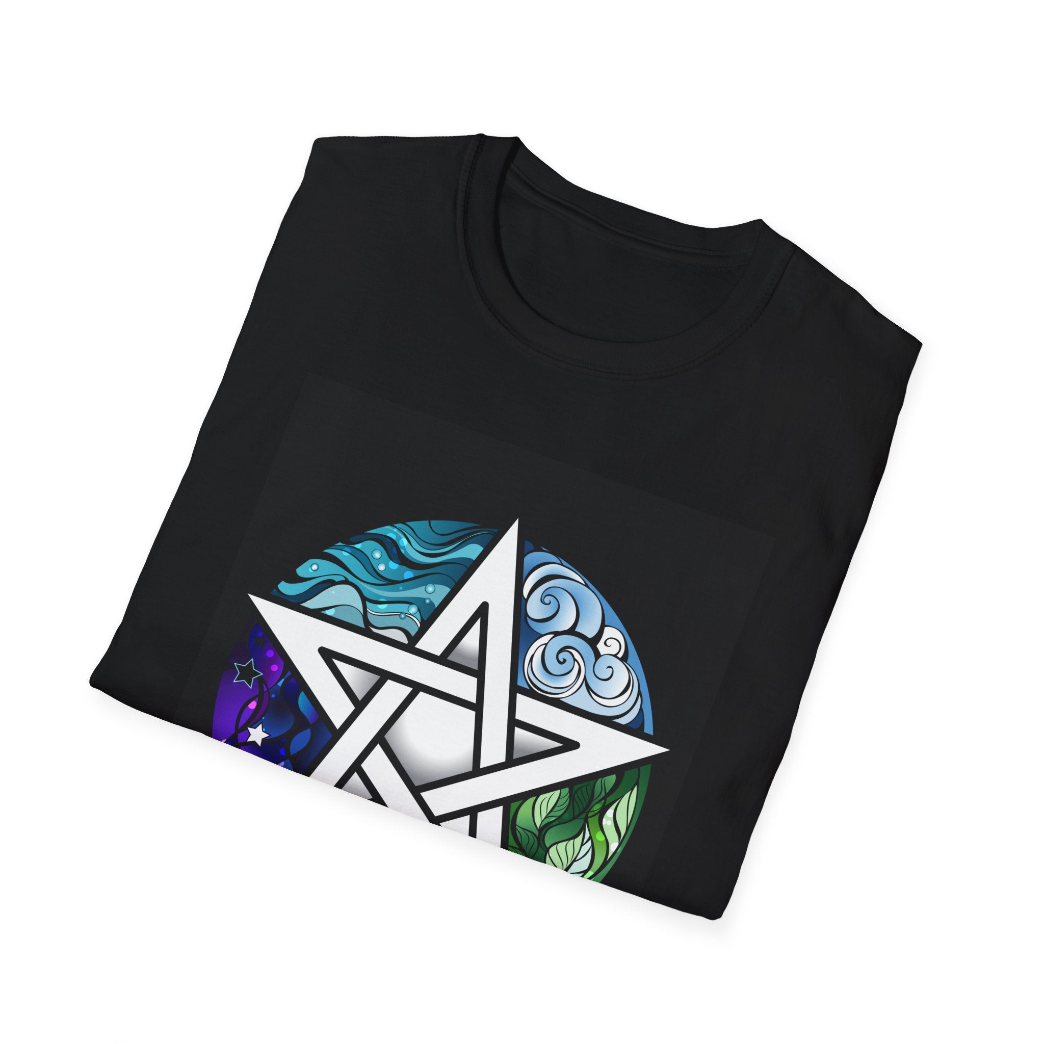 Folded Black t-shirt with a colorful pentacle design 