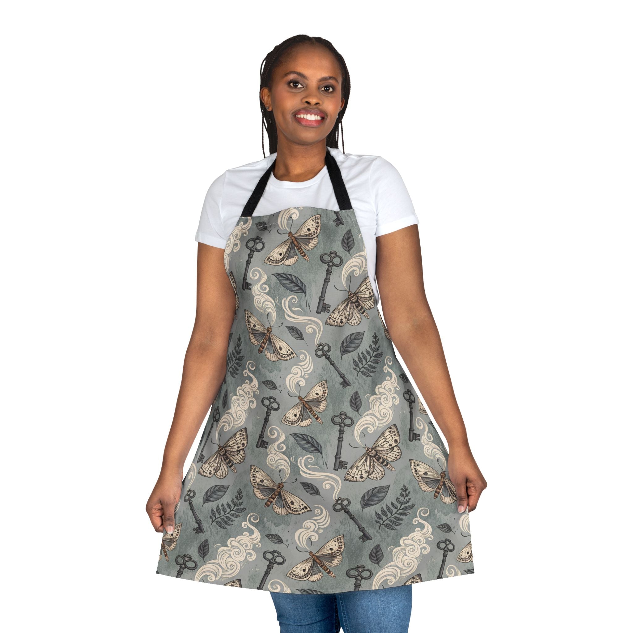 Woman wearing a patterned apron on a white background