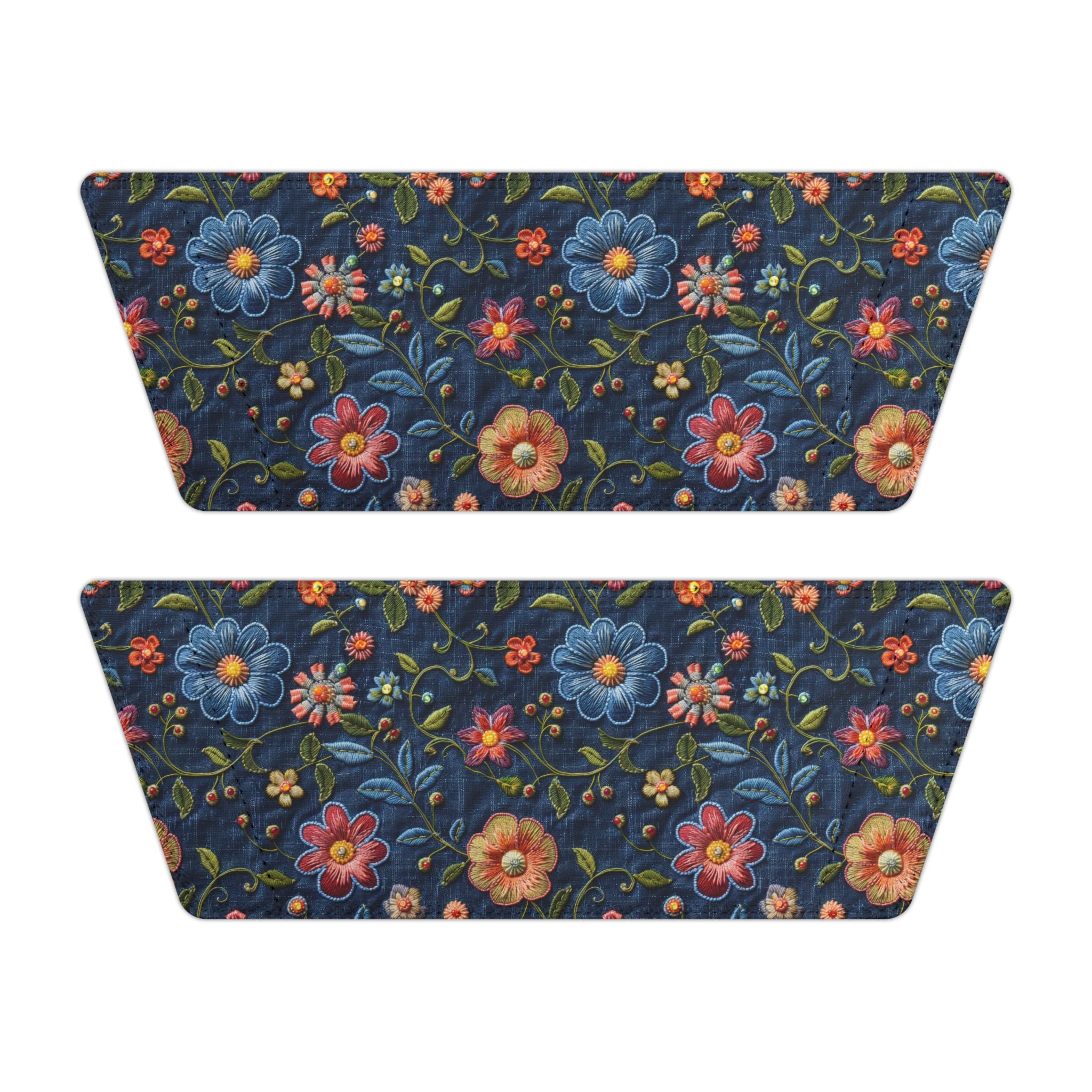 Two floral-patterned sandal tops on a white background