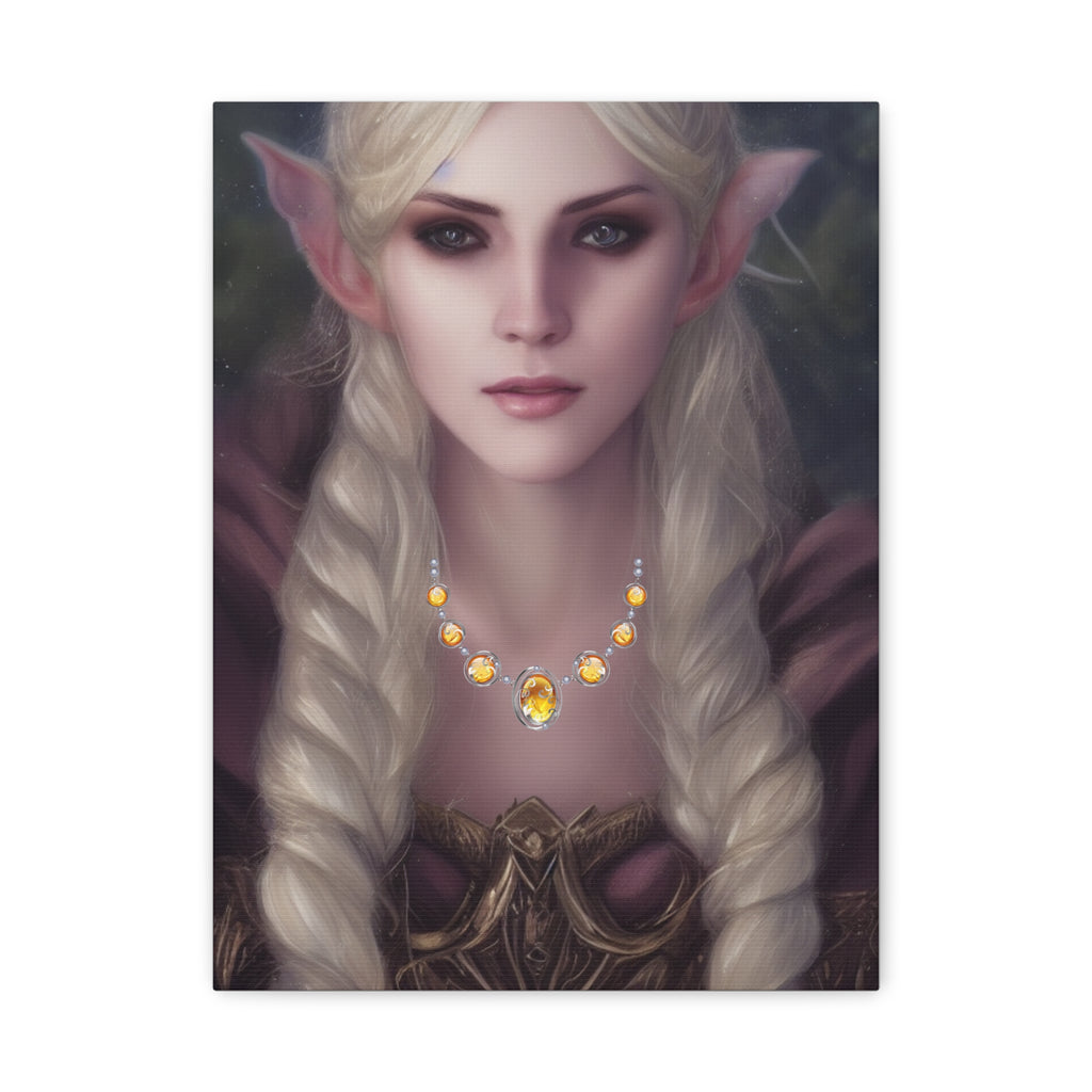 Elf with Necklace Canvas Print — Blonde Elf with Golden Necklace Matte Stretched Art