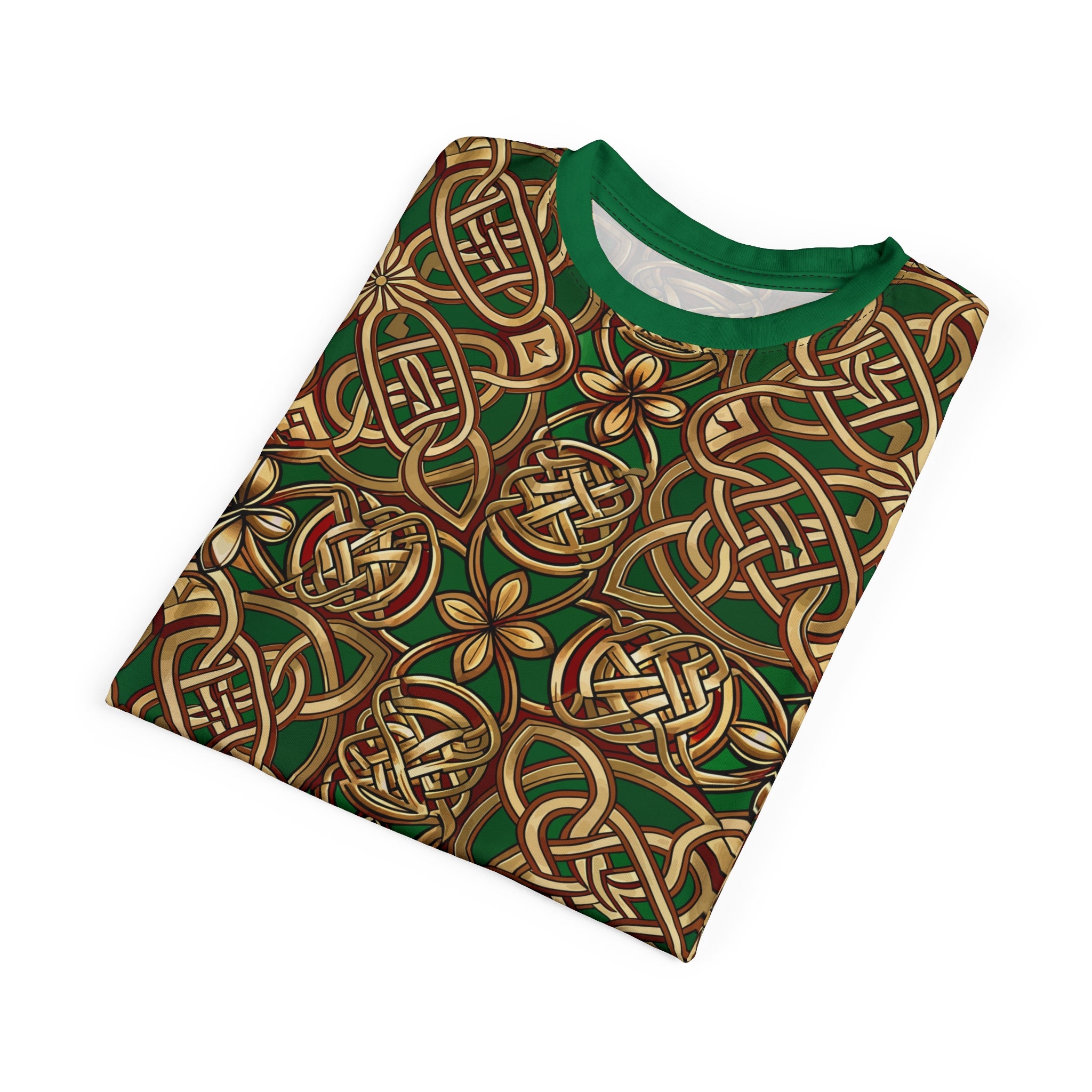 Folded green and gold patterned shirt on a white background
