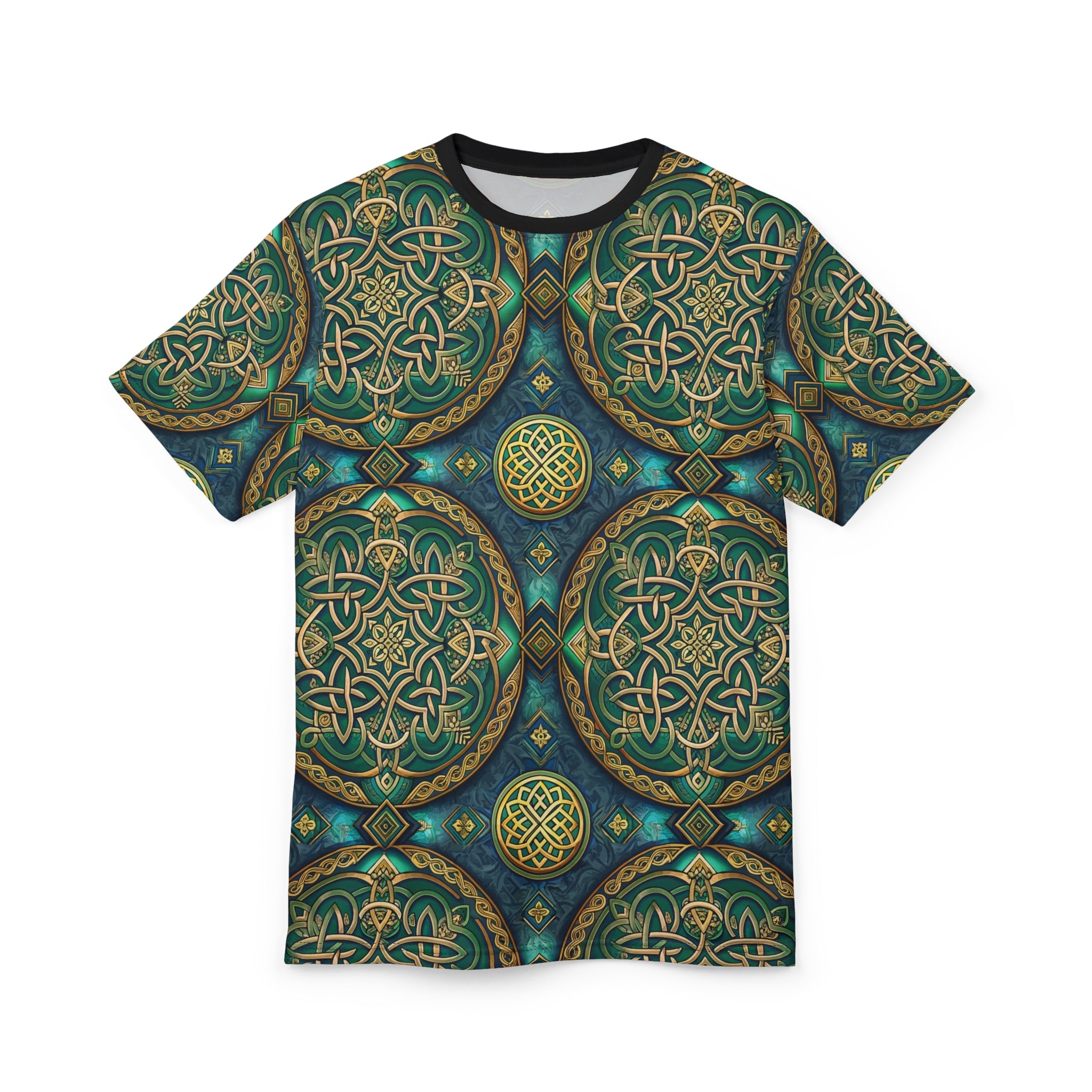 T-shirt with intricate gold and teal Celtic knot pattern on a white background
