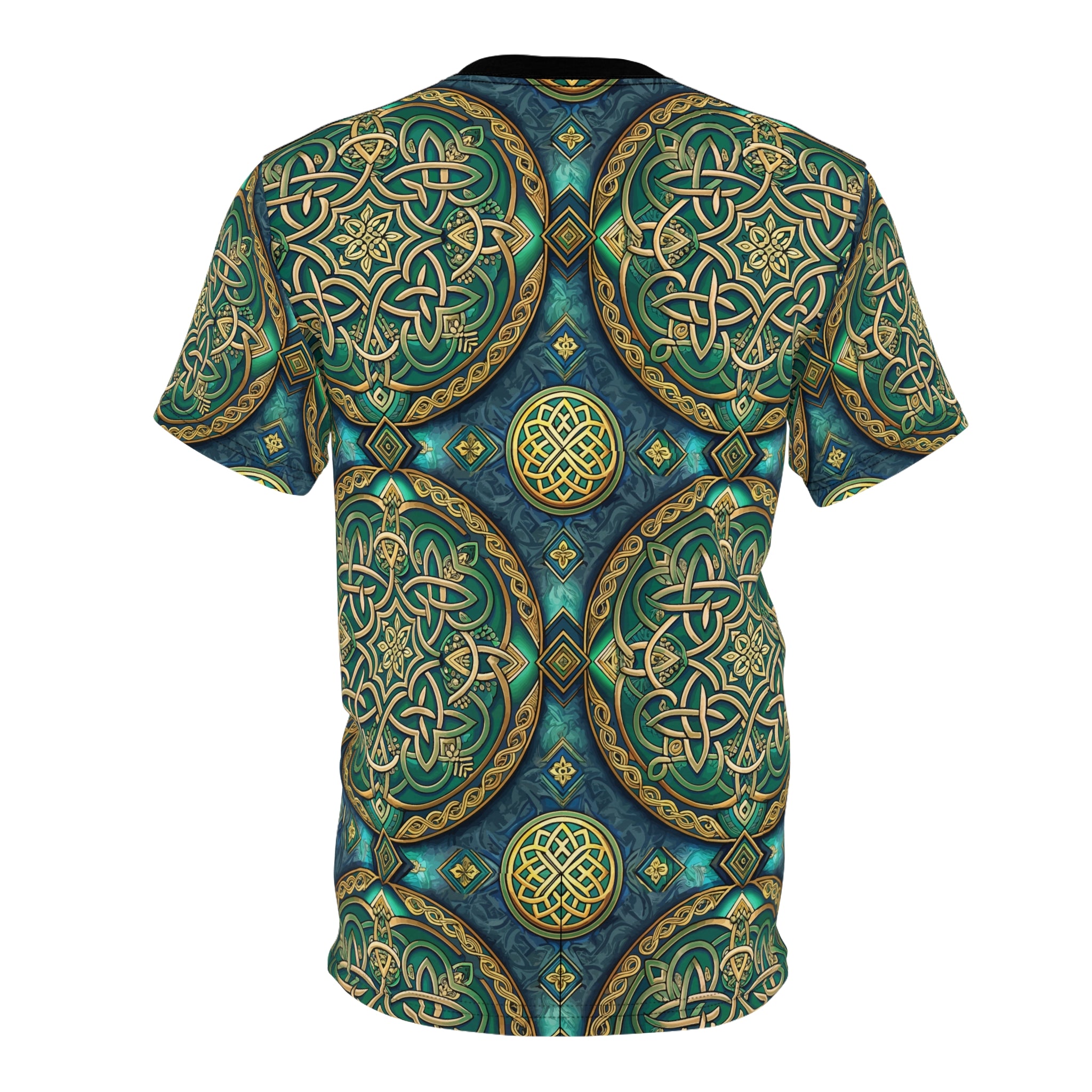 Decorative t-shirt with intricate green and gold patterns on a white background