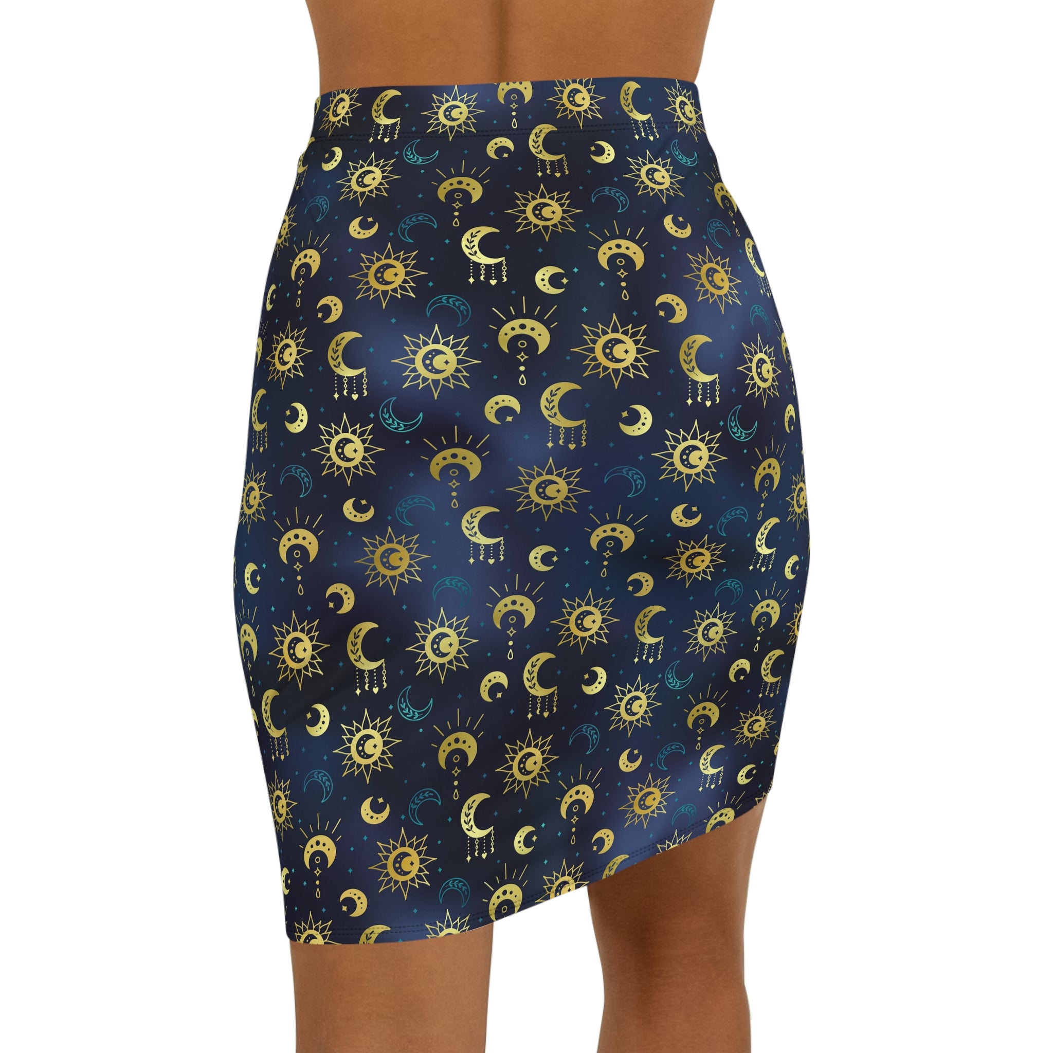 Back of pencil skirt in celestial pattern.