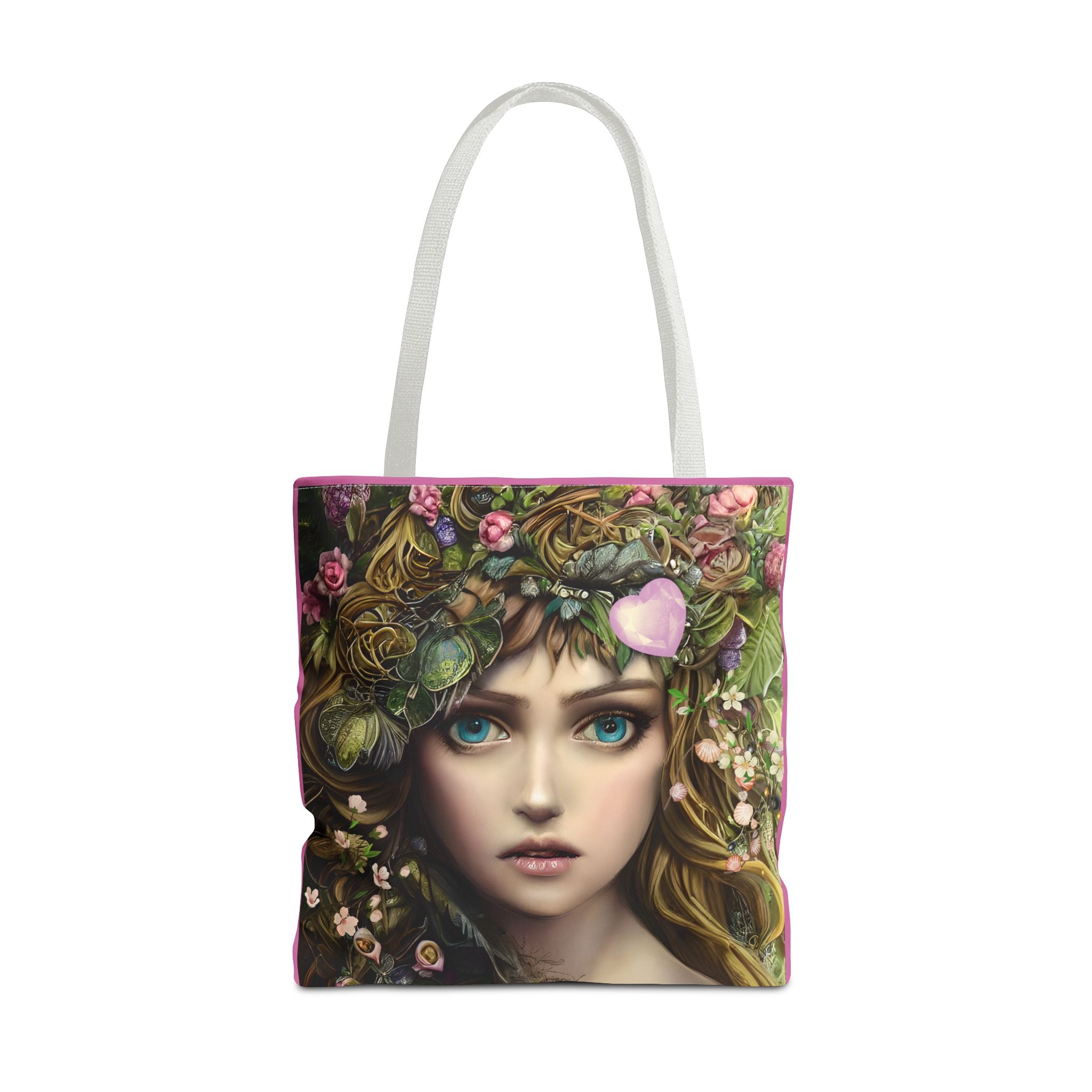 Tote bag with a design of a woman's face surrounded by flowers and leaves