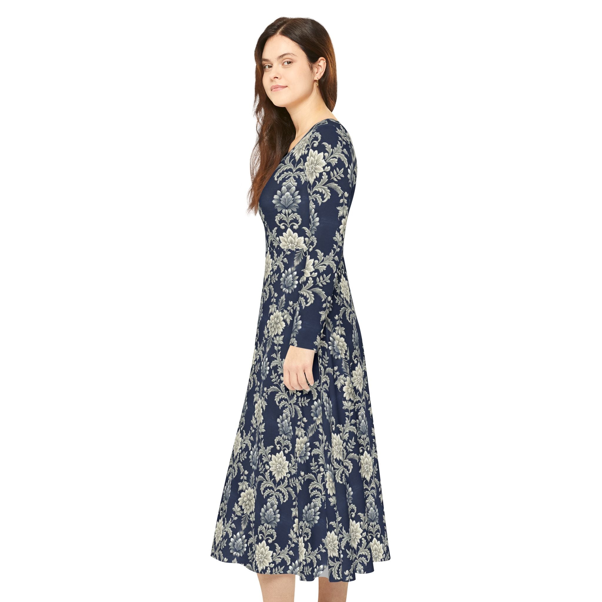 Model wearing a Blue Victorian print dress on a white background