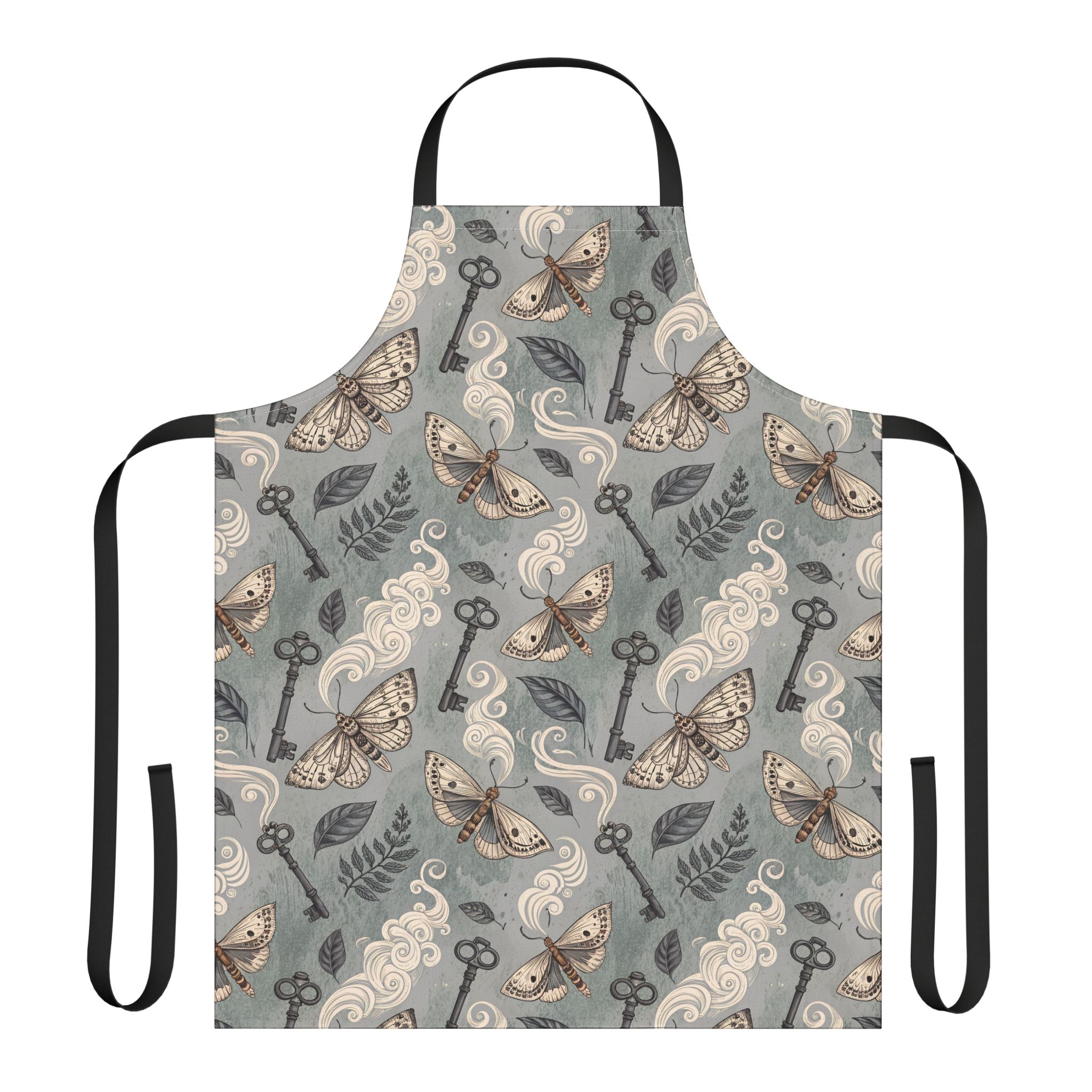 Apron with moth and key pattern on a gray background