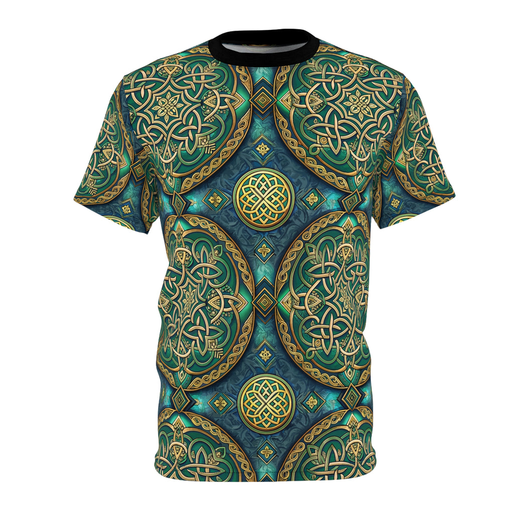 T-shirt with intricate green and gold Celtic knot pattern on a white background