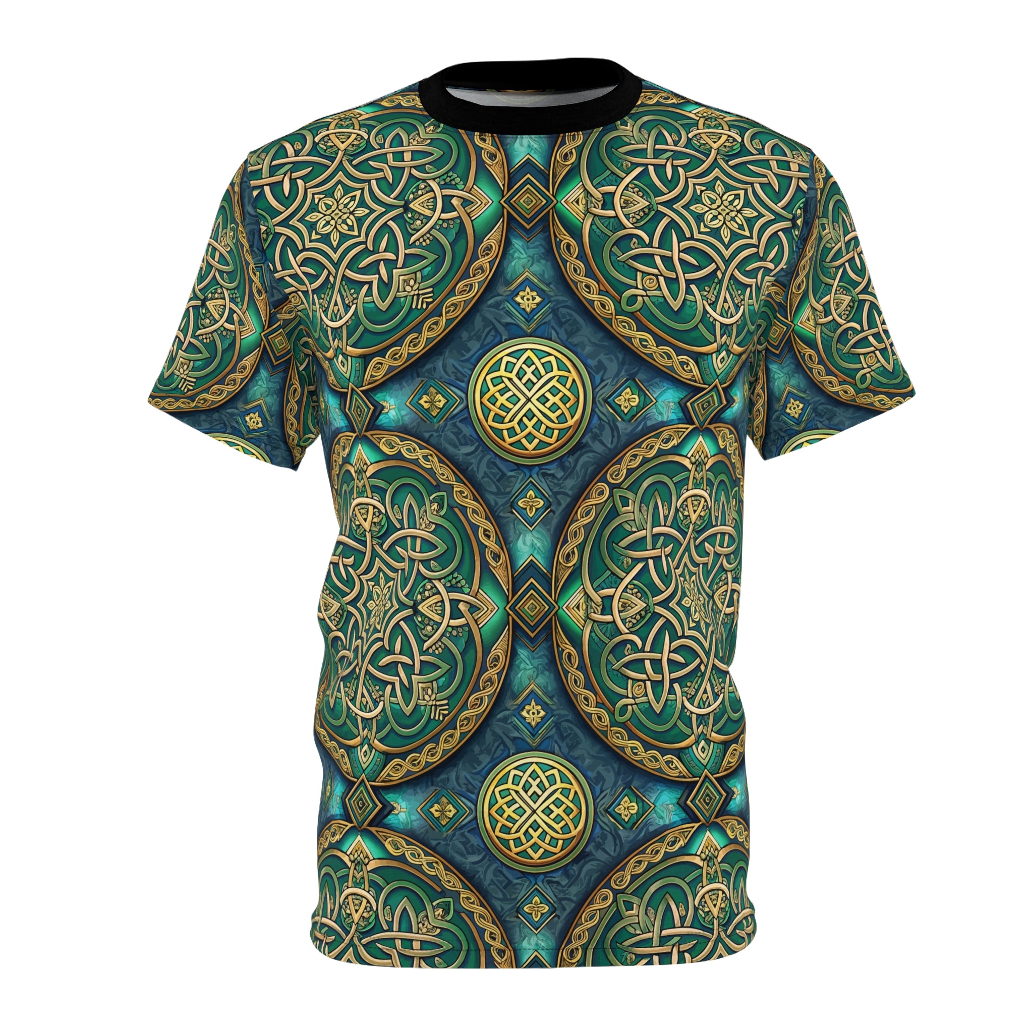 Celtic Knot All-Over Print Tee — Green & Gold Mandala Pattern