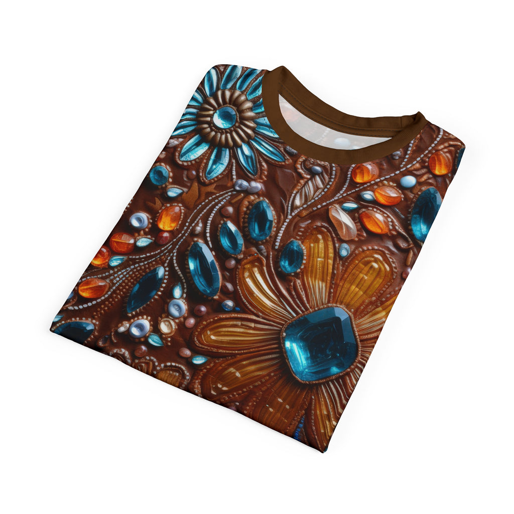 Folded faux jewel toned t-shirt on white background.