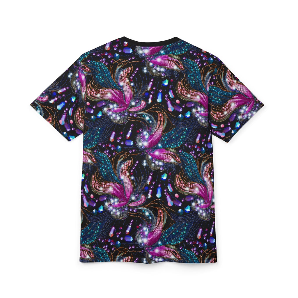 T-shirt with a colorful abstract design on a white background