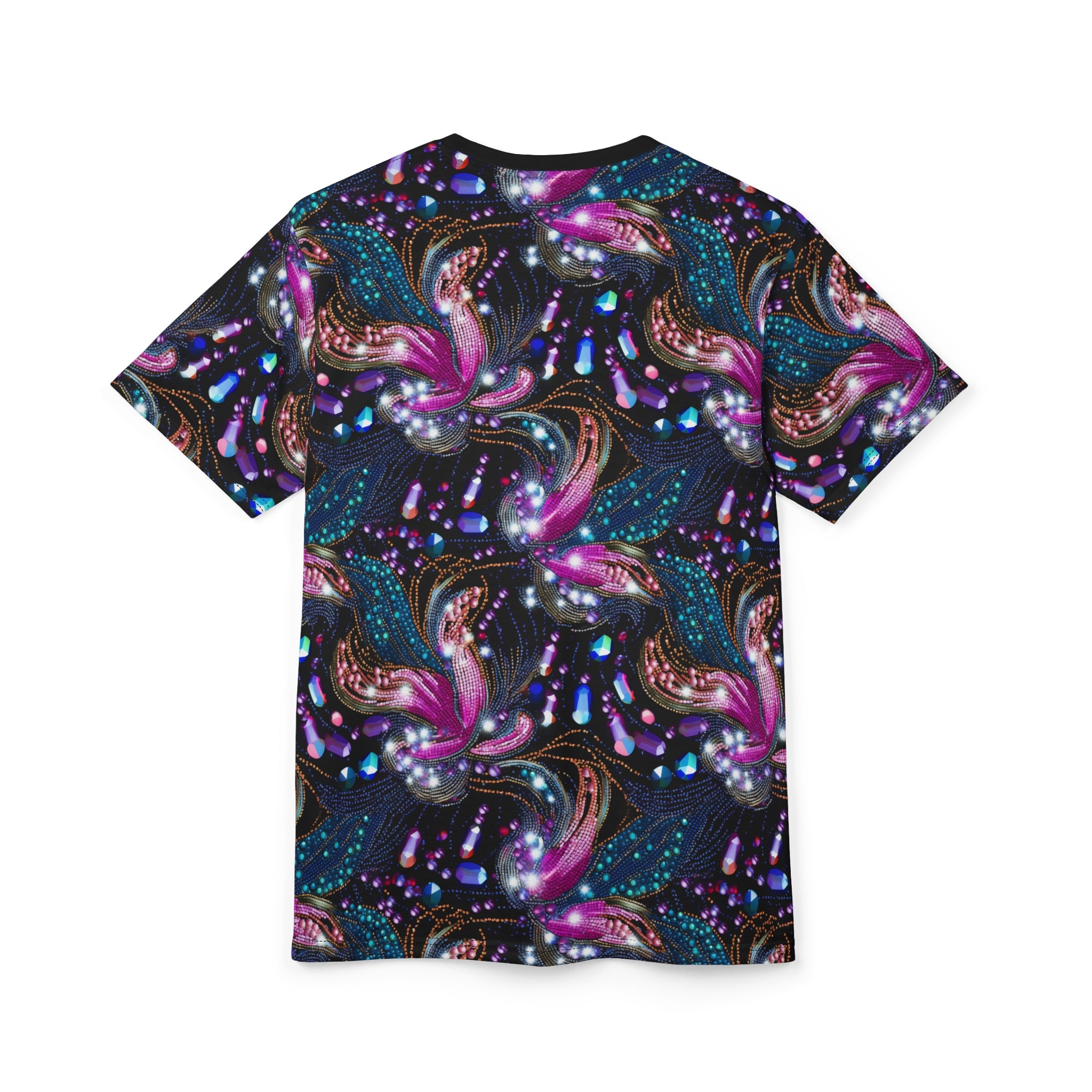 T-shirt with a colorful abstract design on a white background