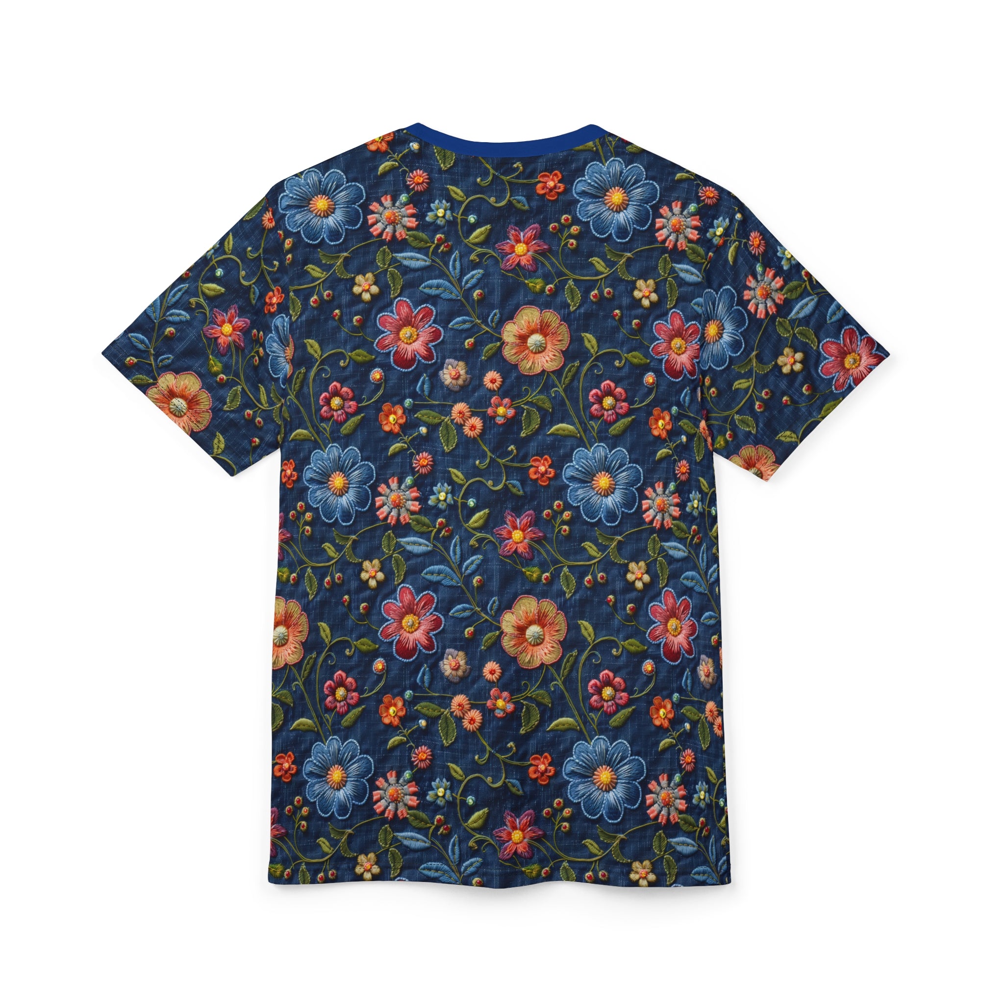 Floral-patterned t-shirt on a navy background