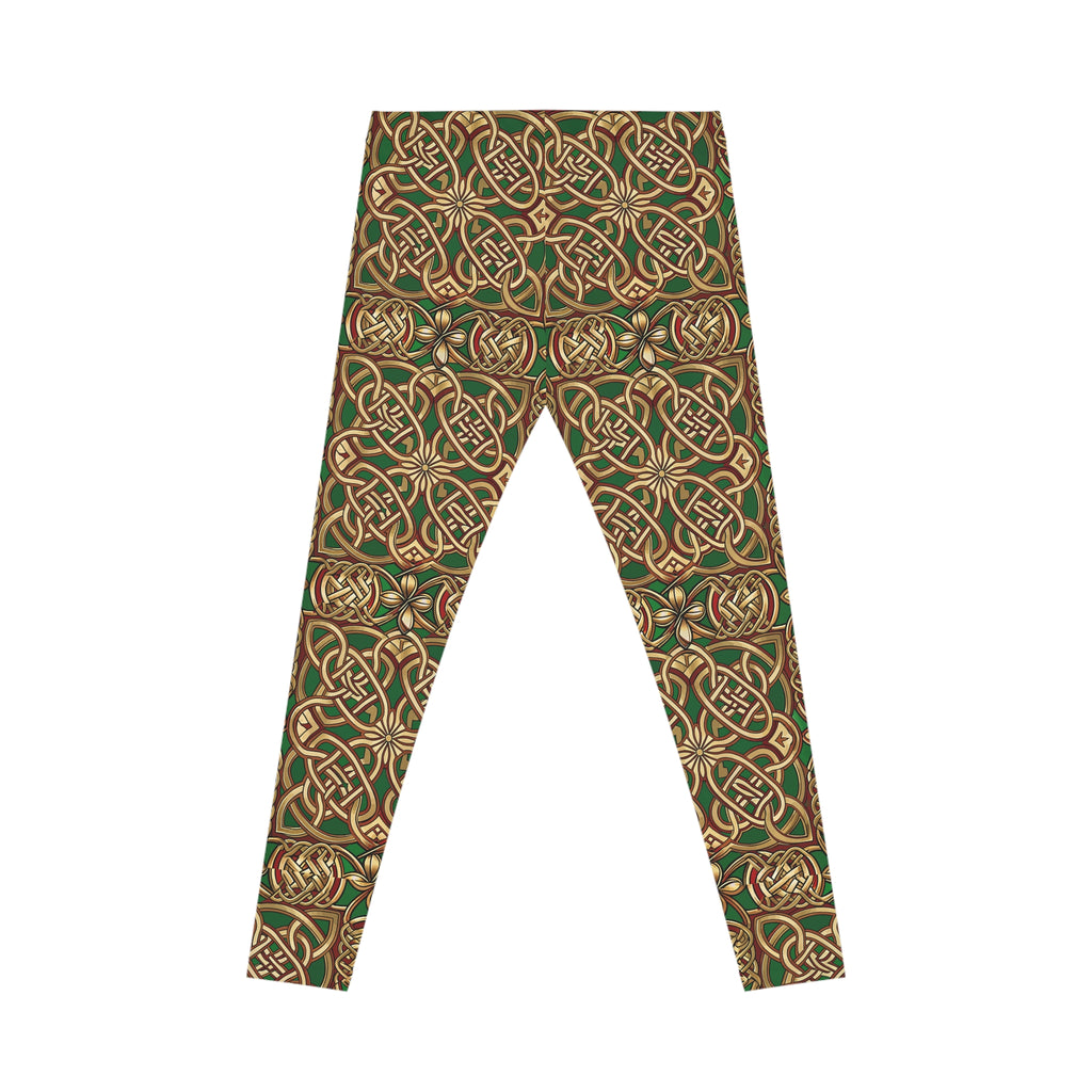 Green and gold Celtic leggings on a white background