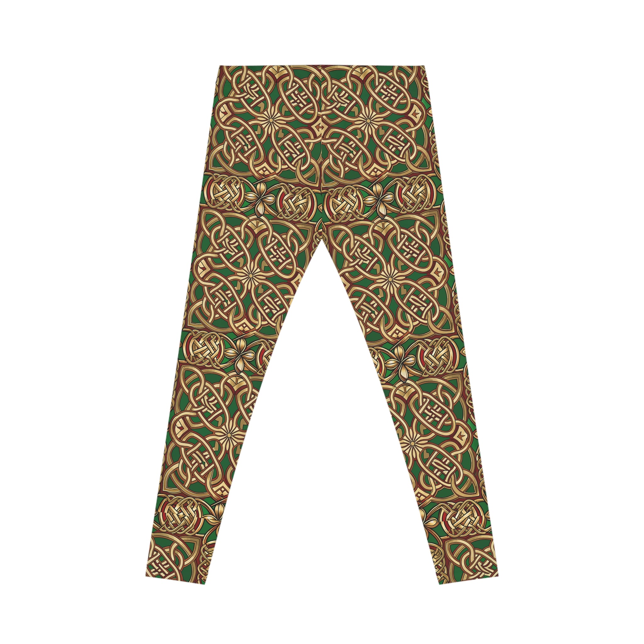 Green and gold Celtic leggings on a white background