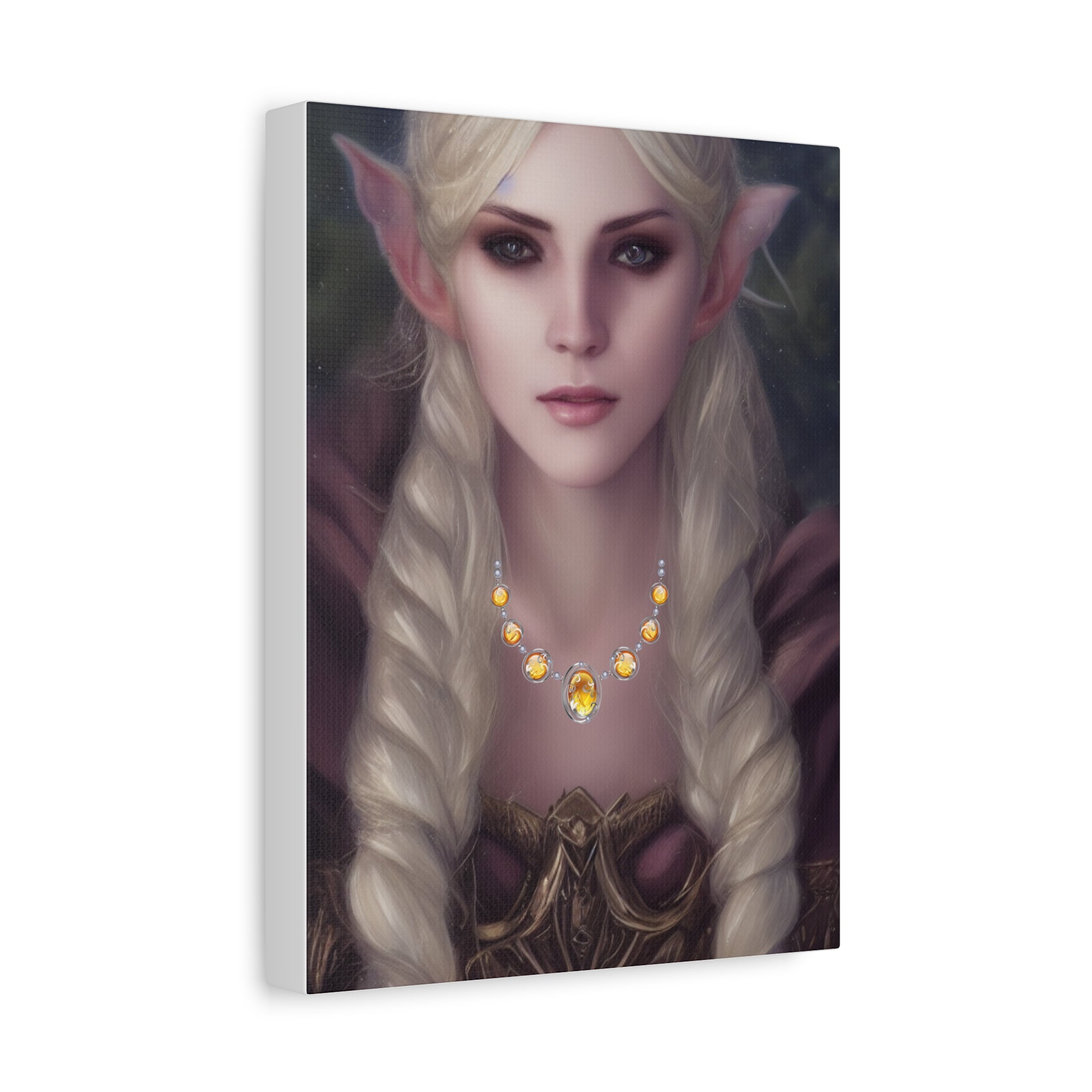 Elvish character with long blonde hair and pointed ears wearing a necklace with yellow Topaz stones.