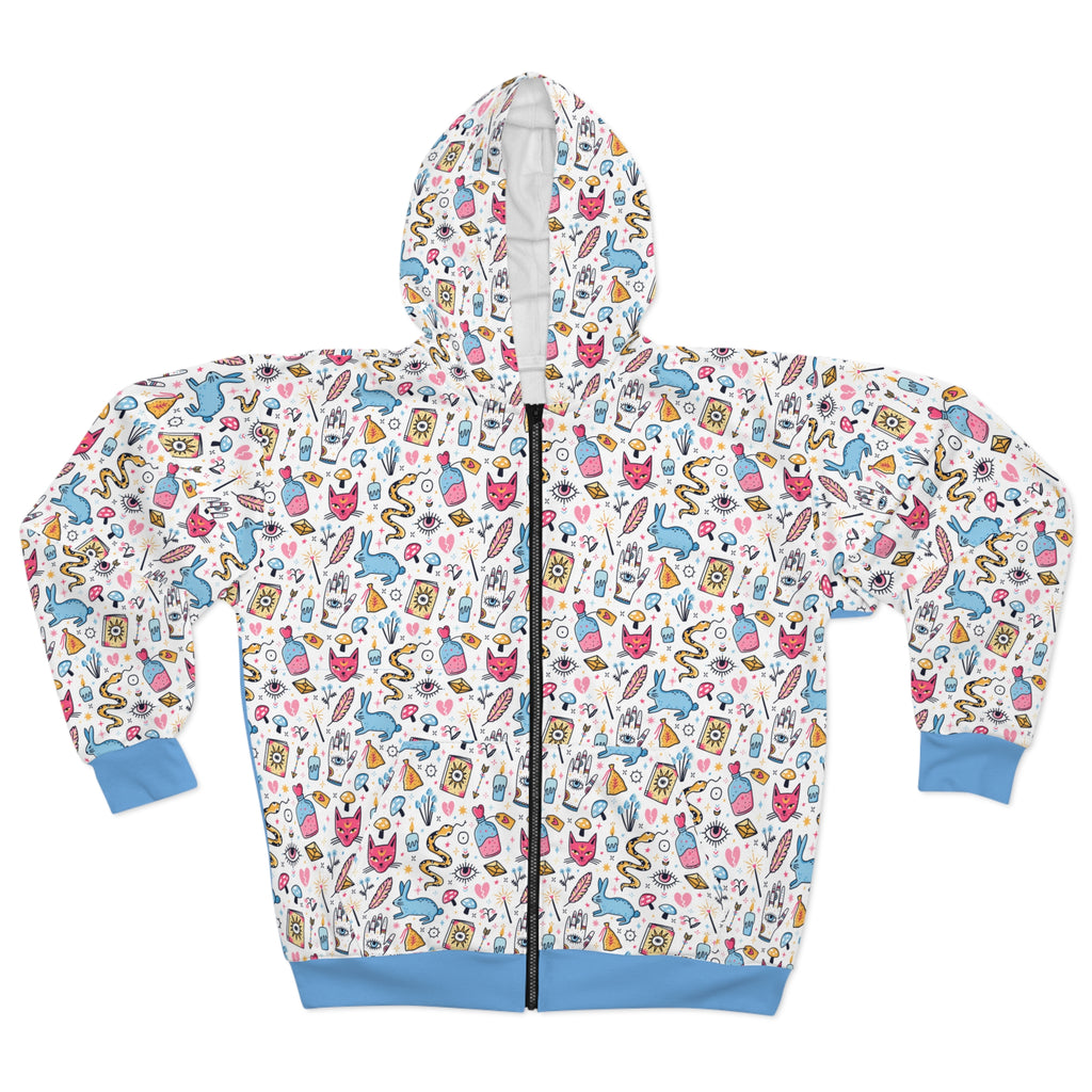 Bunny Magic Zip Hoodie — All-Over Print Cartoon Icons