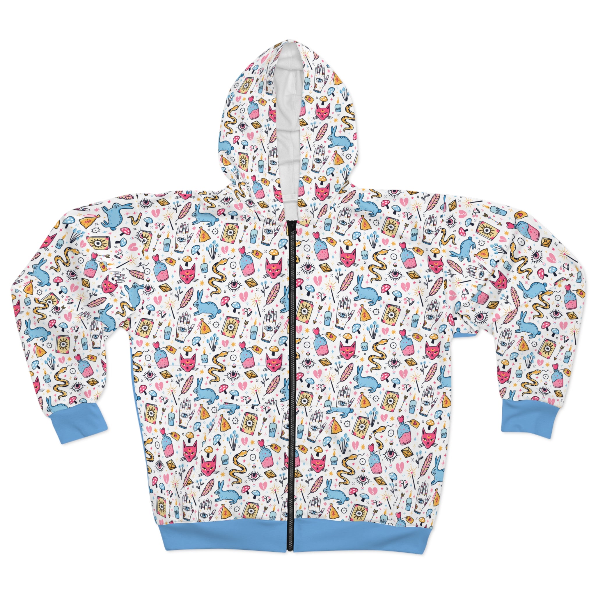 Bunny Magic Zip Hoodie — All-Over Print Cartoon Icons