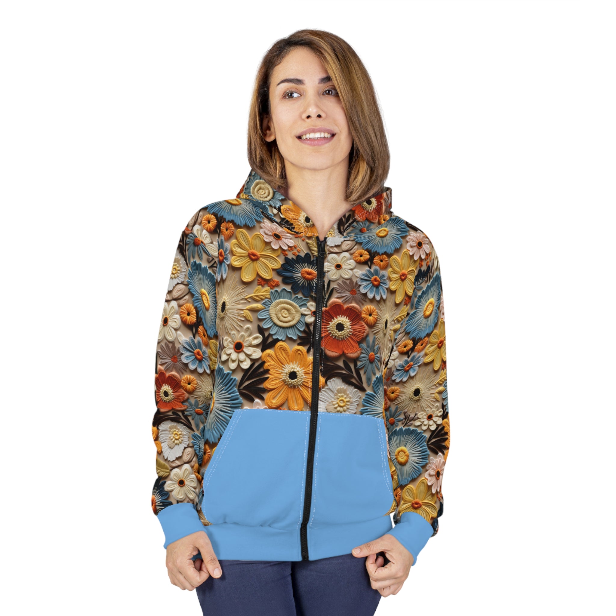 Model wearing a a Floral hoodies on a white background.