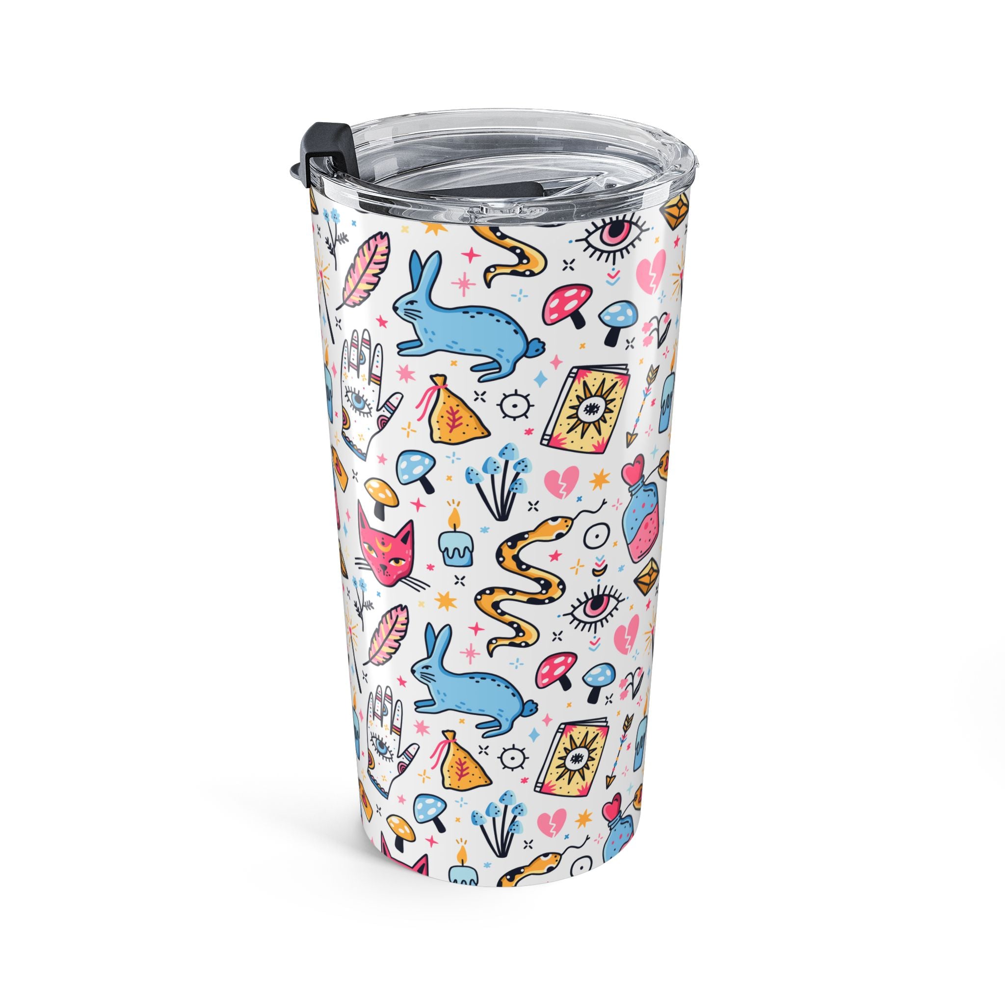 Tumbler with colorful tattoo-style design on a white background