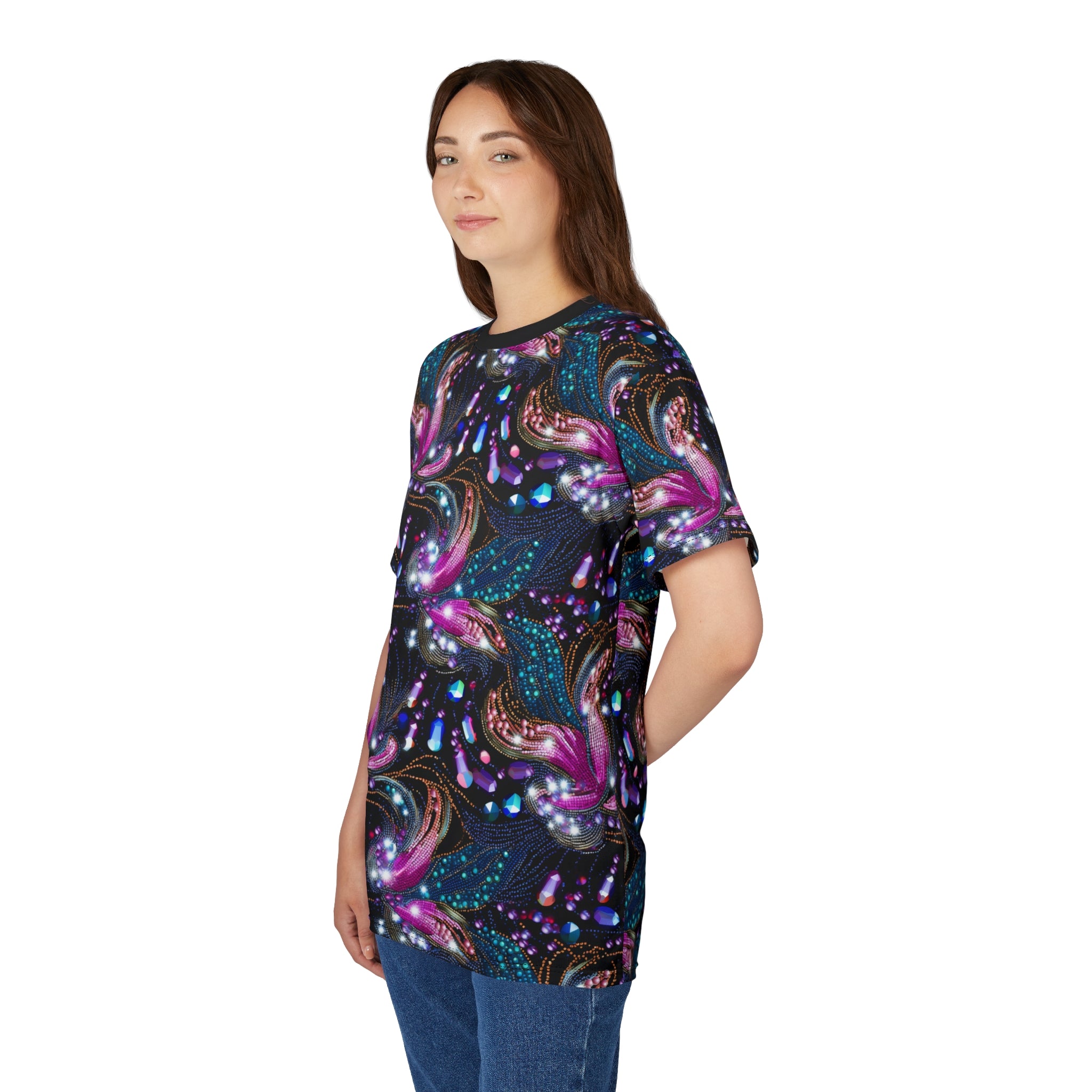 Woman wearing a colorful patterned shirt on a white background
