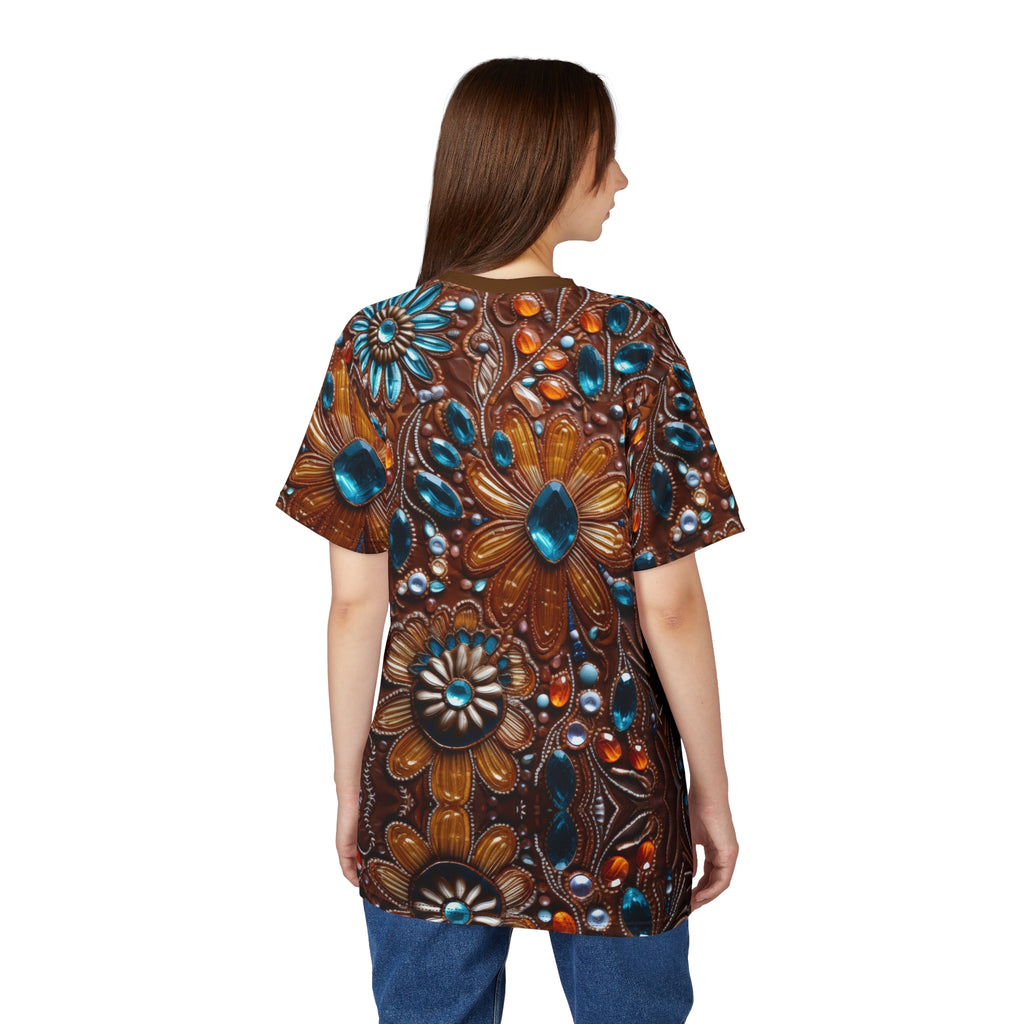 Model wearing a faux jewel toned t-shirt on white background.