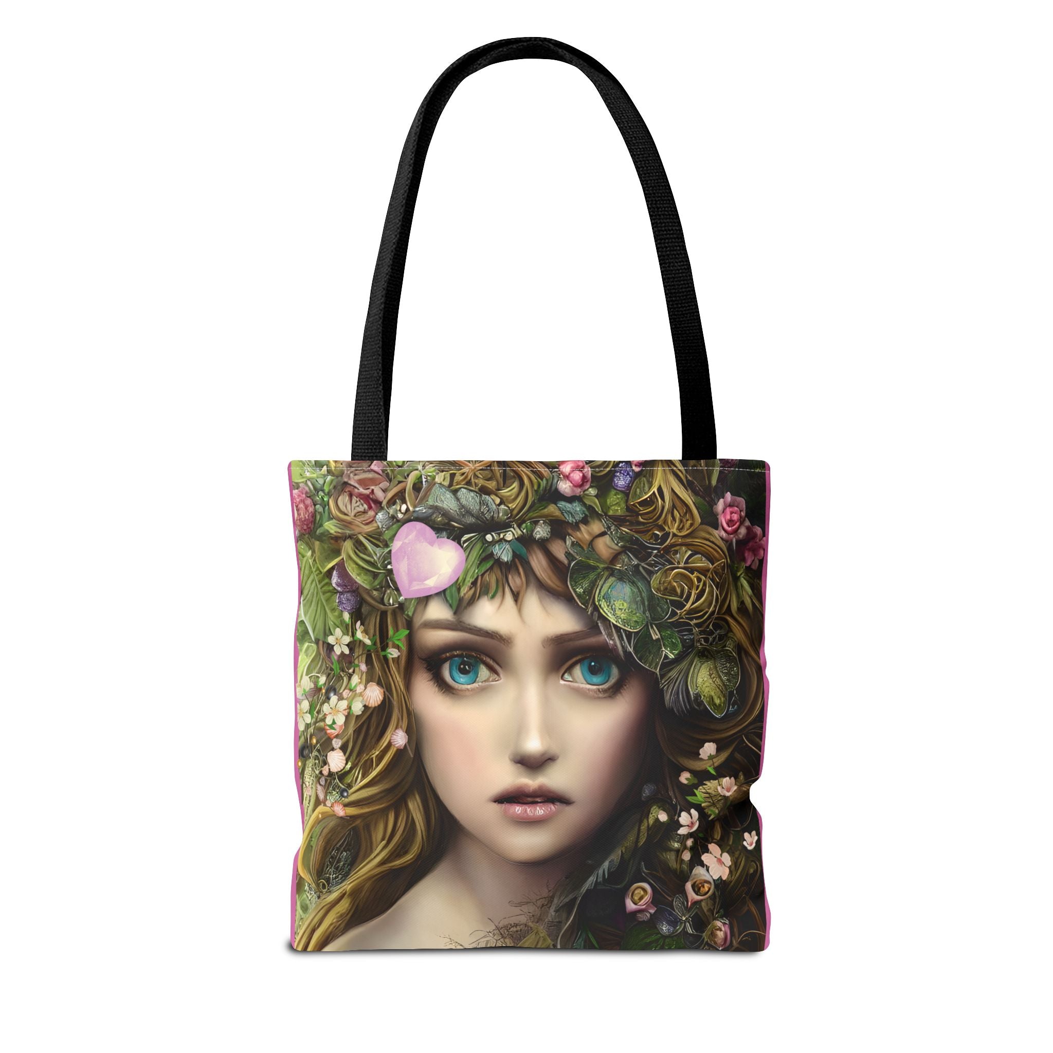 Tote bag with a design of a woman's face surrounded by flowers and leaves