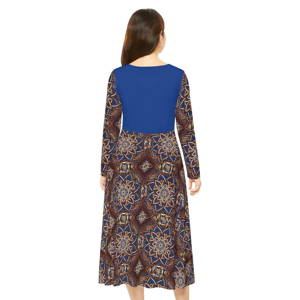  Blue dress with a Celtic patterned skirt on a white background