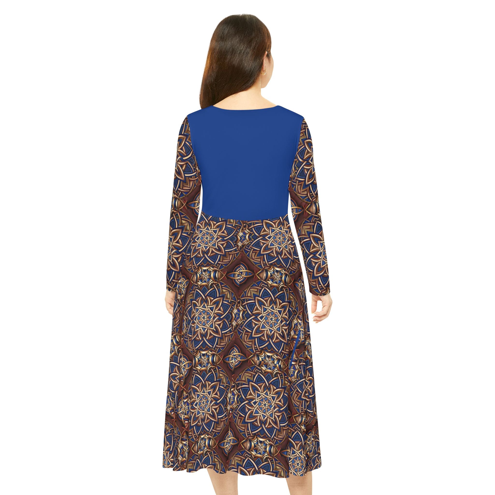  Blue dress with a Celtic patterned skirt on a white background