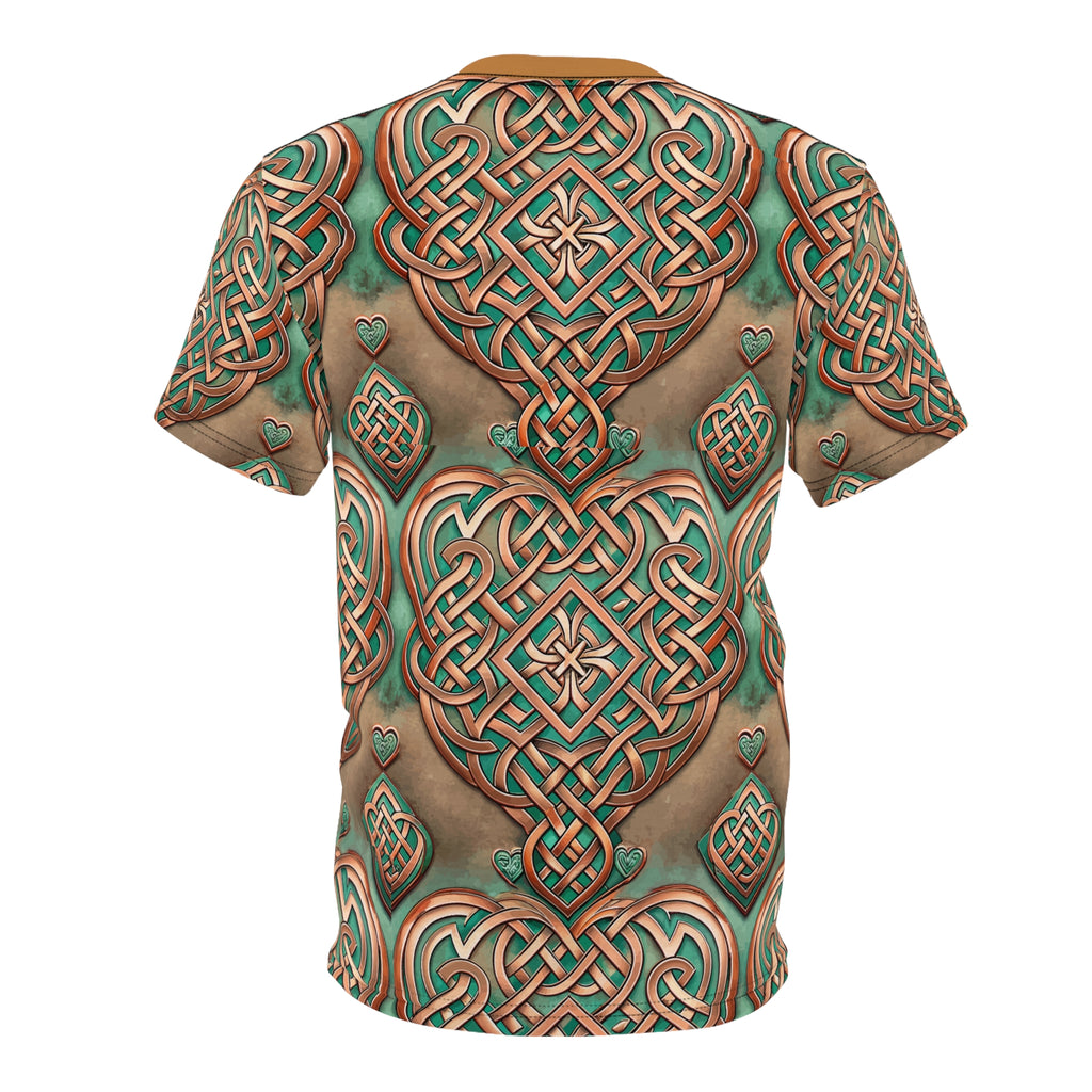 Celtic Knot Heart Tee — All-Over Print Medieval Green Bronze T-Shirt