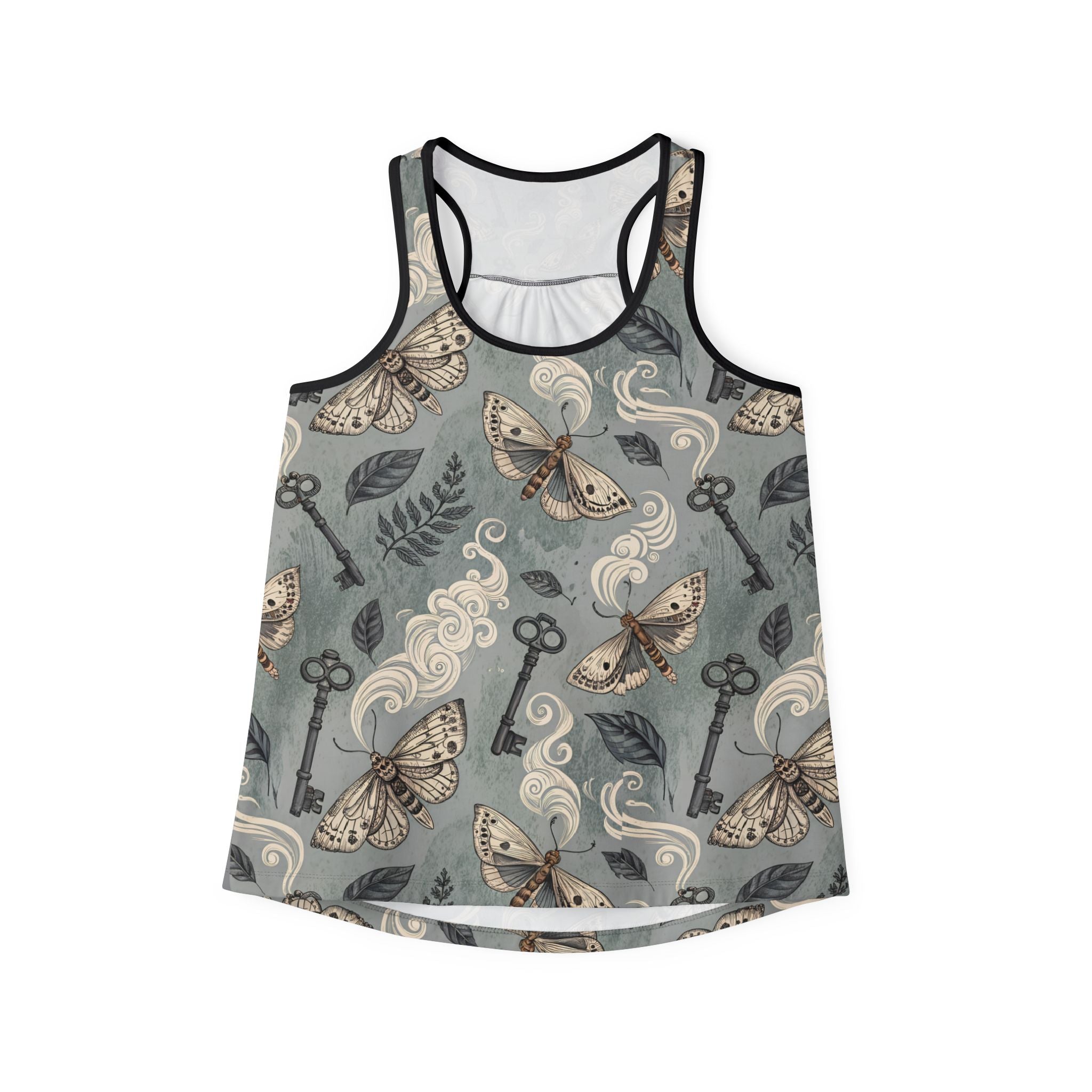 Vintage Moth & Key Pattern Tank Top – Boho Botanical All-Over Print
