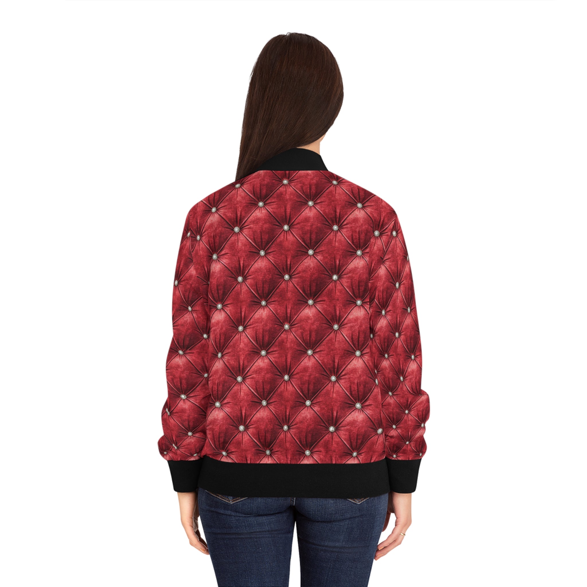 Faux tufted red jacket on a person on a  white background.