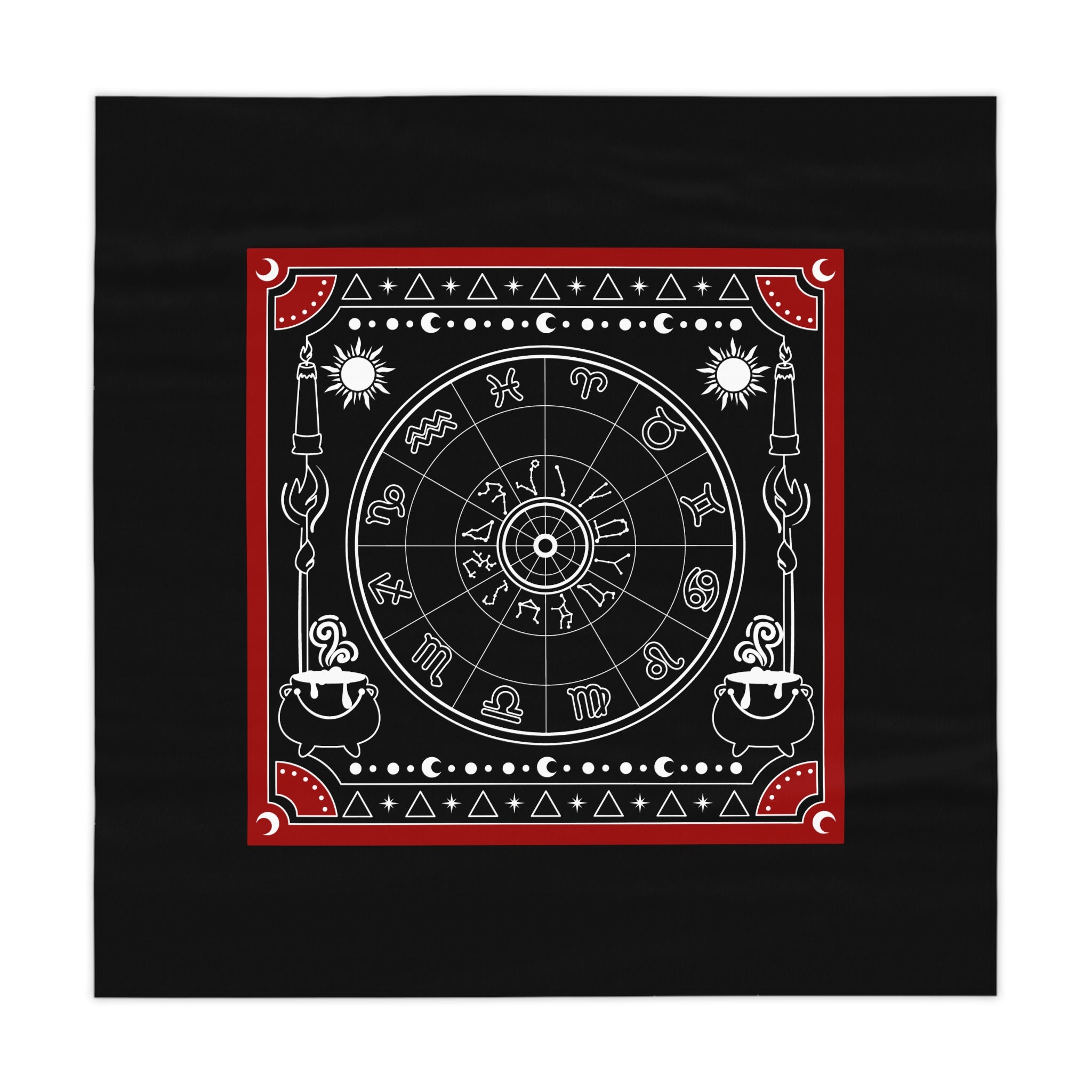 Decorative tablecloth with astrological symbols on a black background