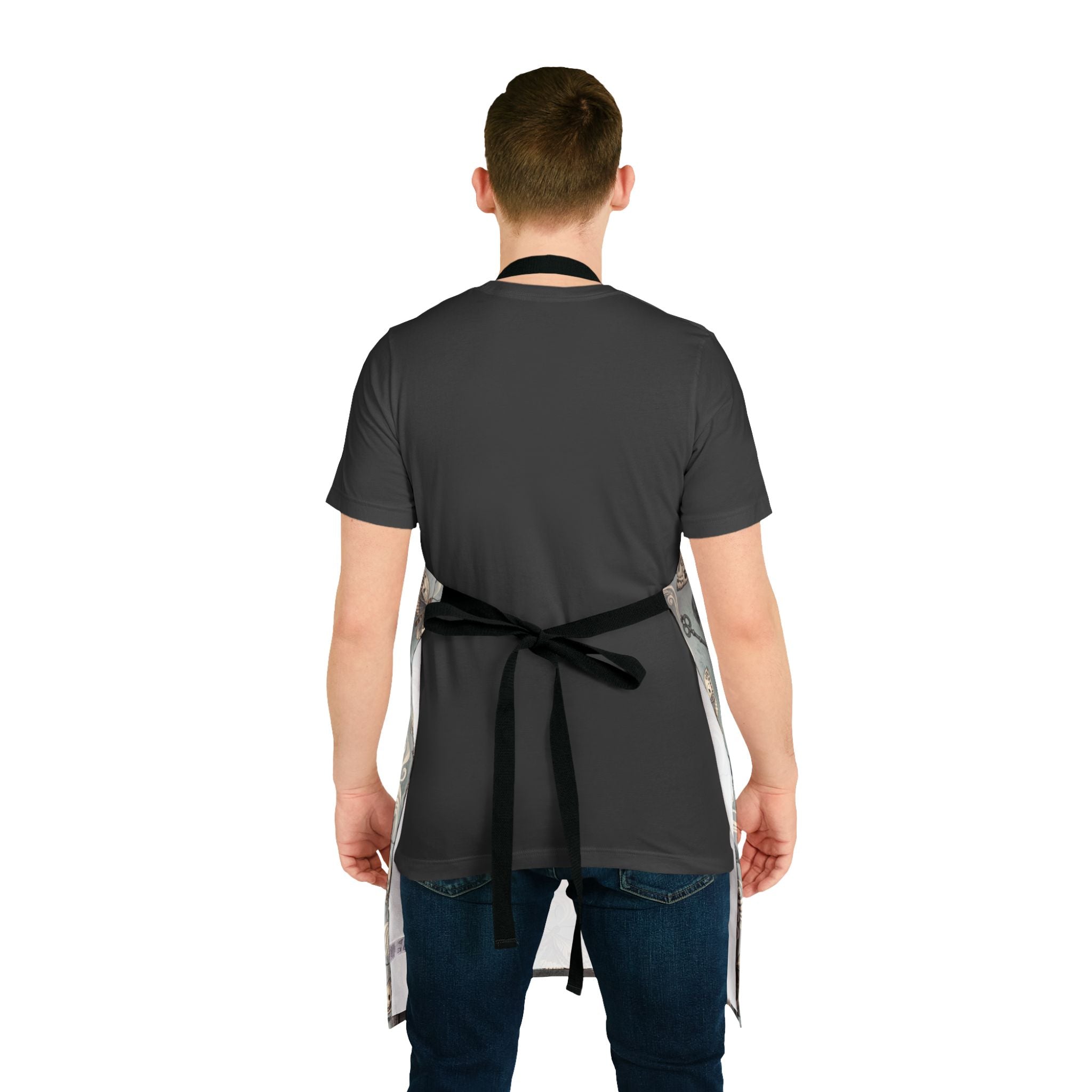Person wearing a black apron on a white background