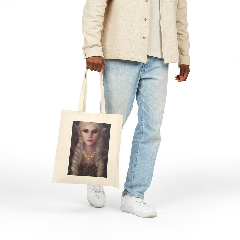 Person holding a tote bag with a printed design on a white background