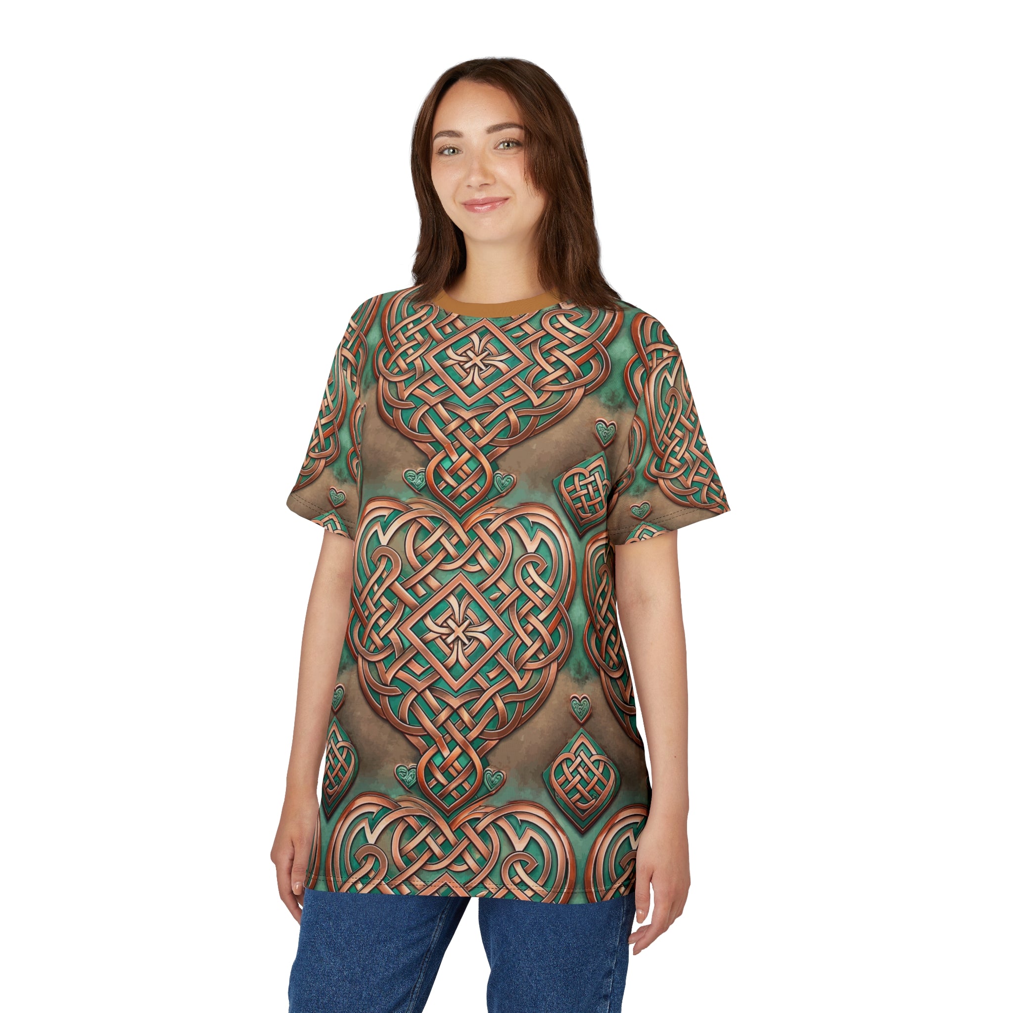 Woman wearing a t-shirt with an intricate Celtic knot pattern on a white background