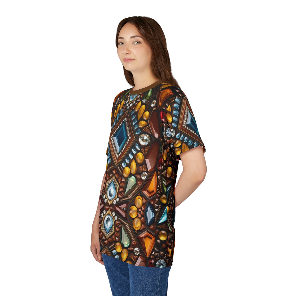 Model wearing a Faux jewel toned t-shirt on white background.