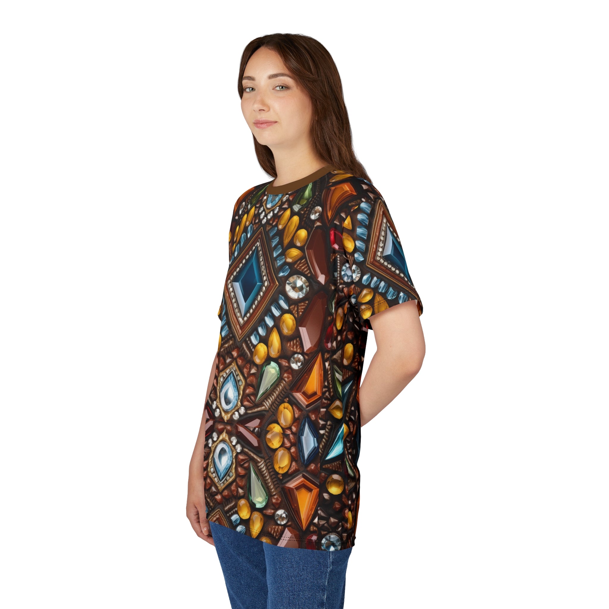 Model wearing a Faux jewel toned t-shirt on white background.