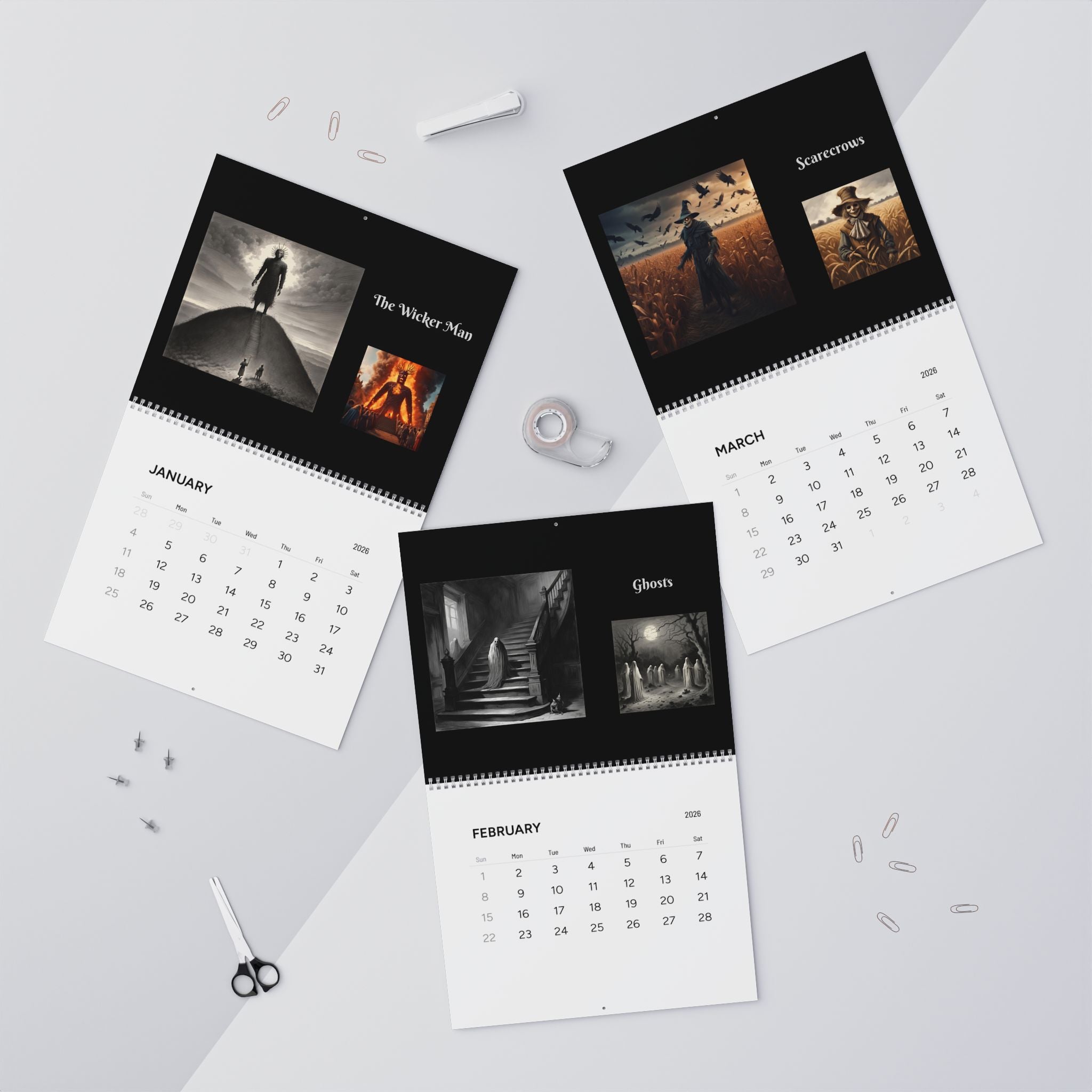 Three calendar pages on a white surface with images and text.