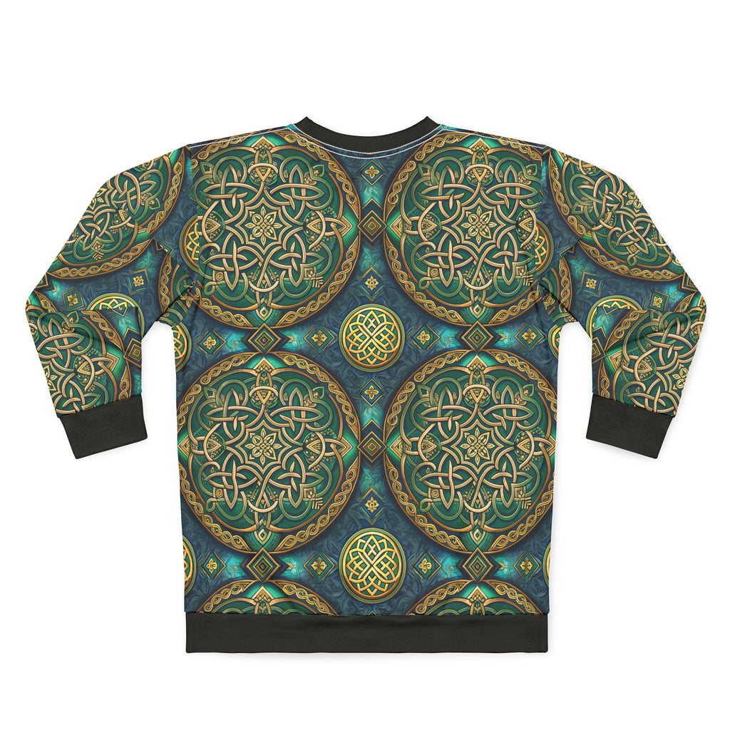 Sweatshirt with intricate Celtic knot pattern in green and gold on a white background