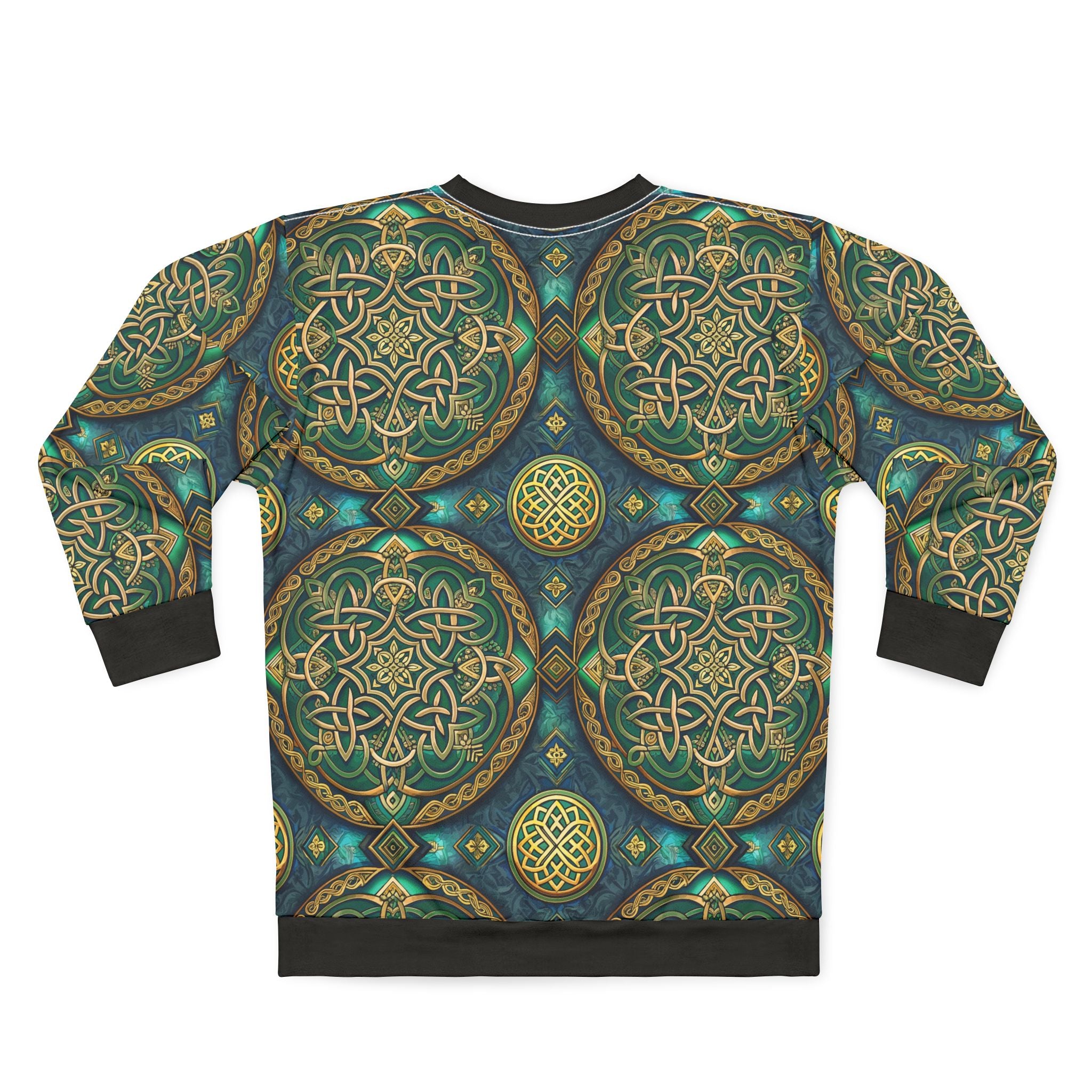 Sweatshirt with intricate Celtic knot pattern in green and gold on a white background