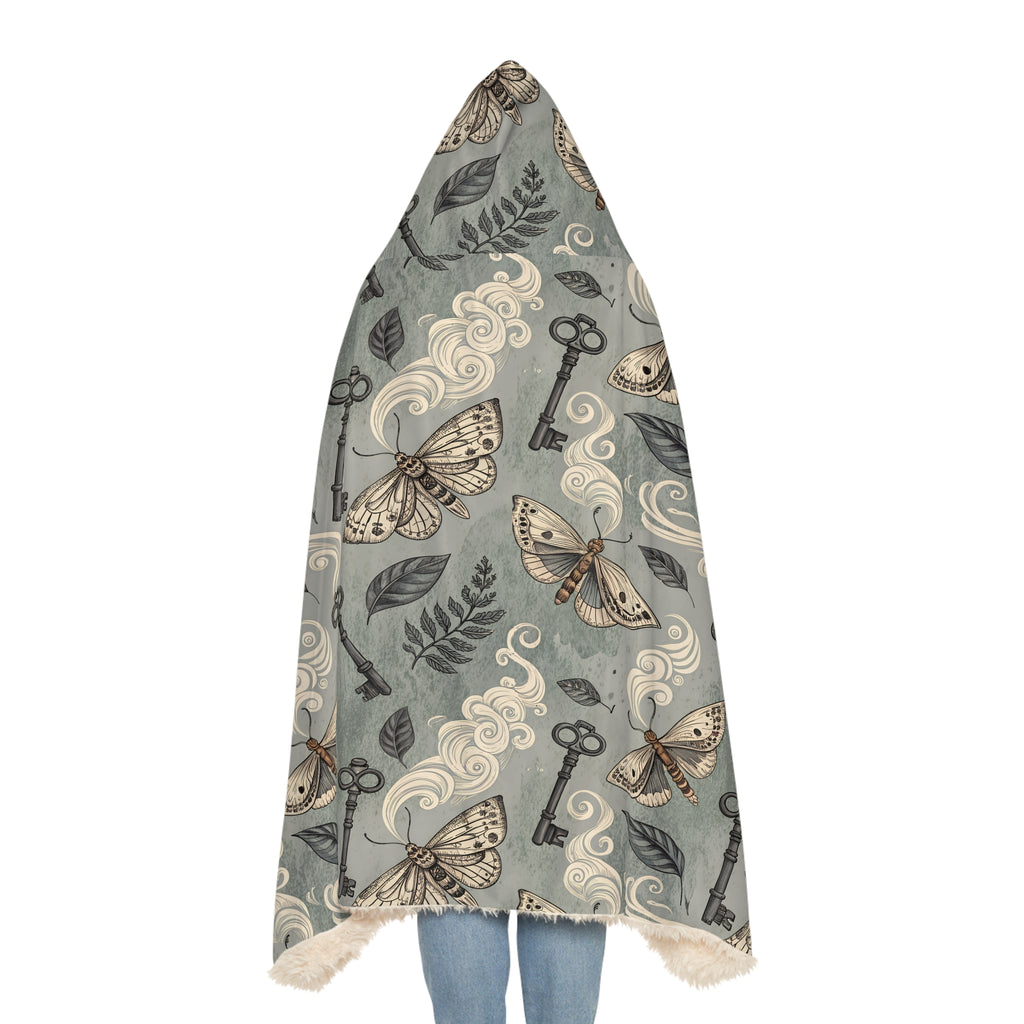 Hooded blanket with moth and key pattern on a white background