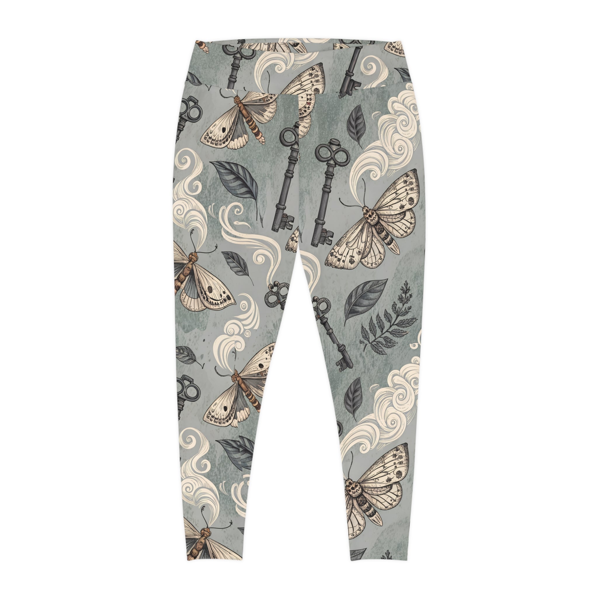 Leggings with moth and key pattern on a gray background