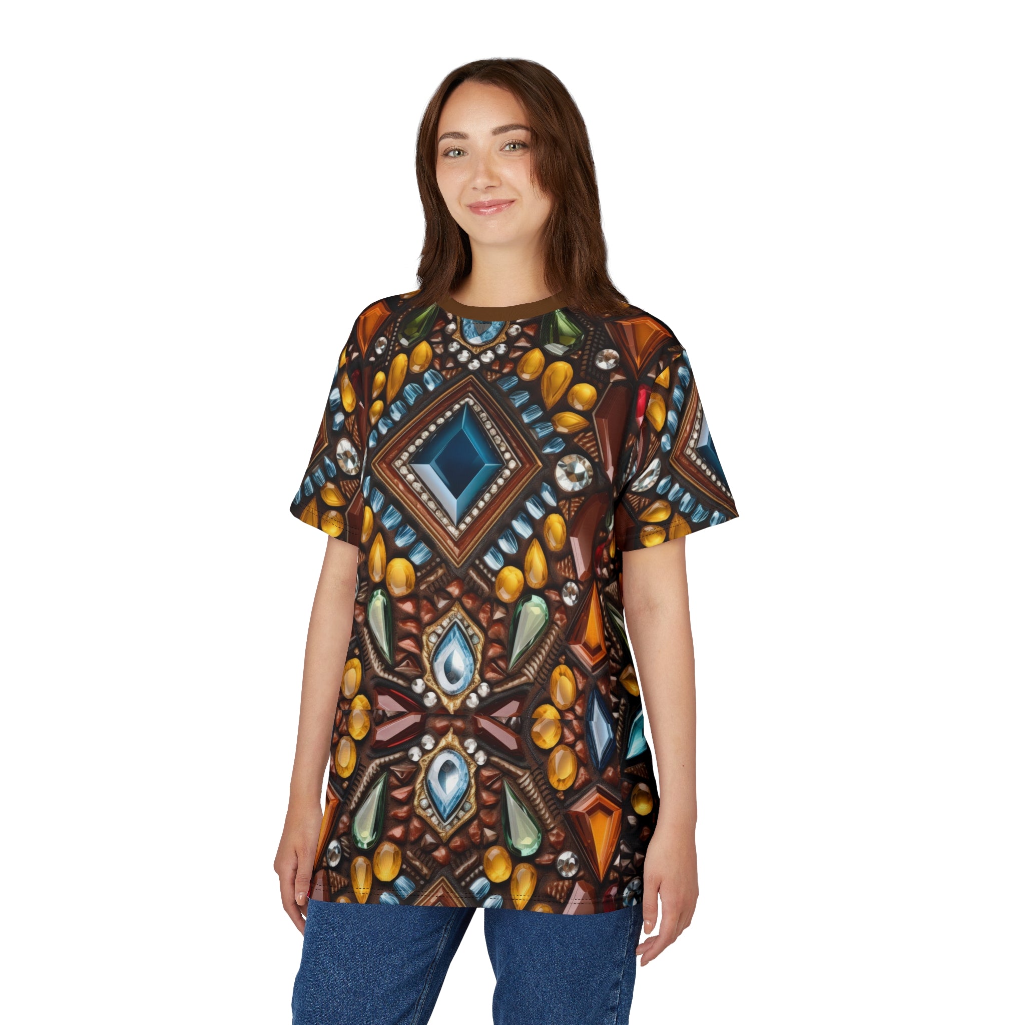 Model wearing a Faux jewel toned t-shirt on white background.