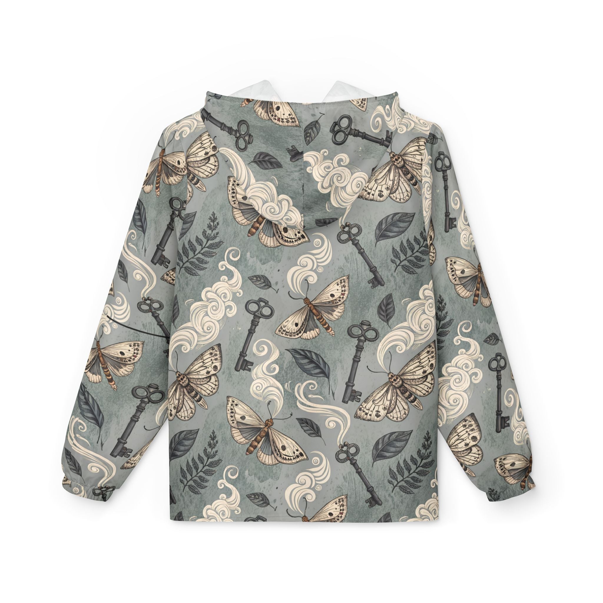Windbreaker jacket with moth and key pattern on a white background