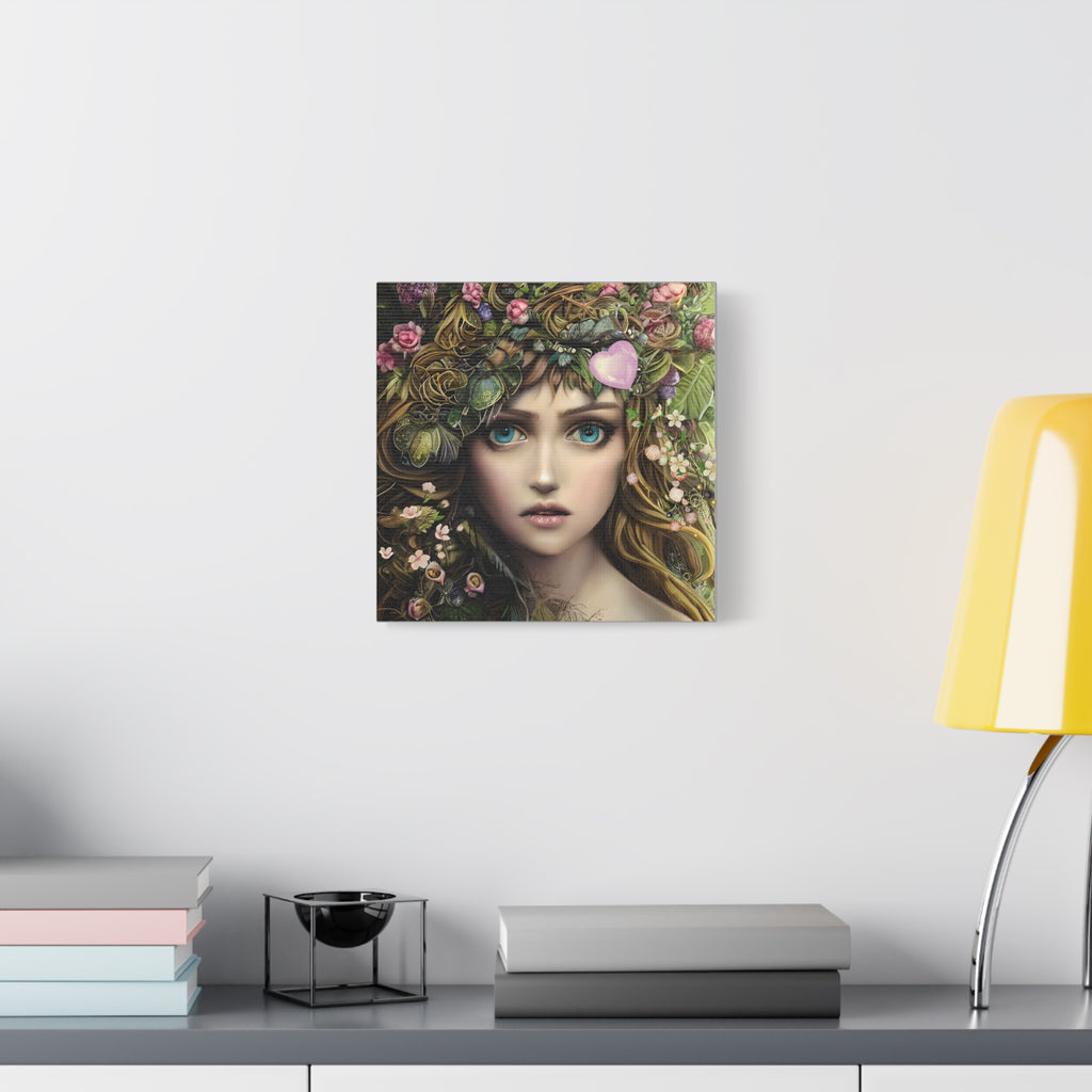 Artistic depiction of a woman's face with floral and leafy wreath on a white background