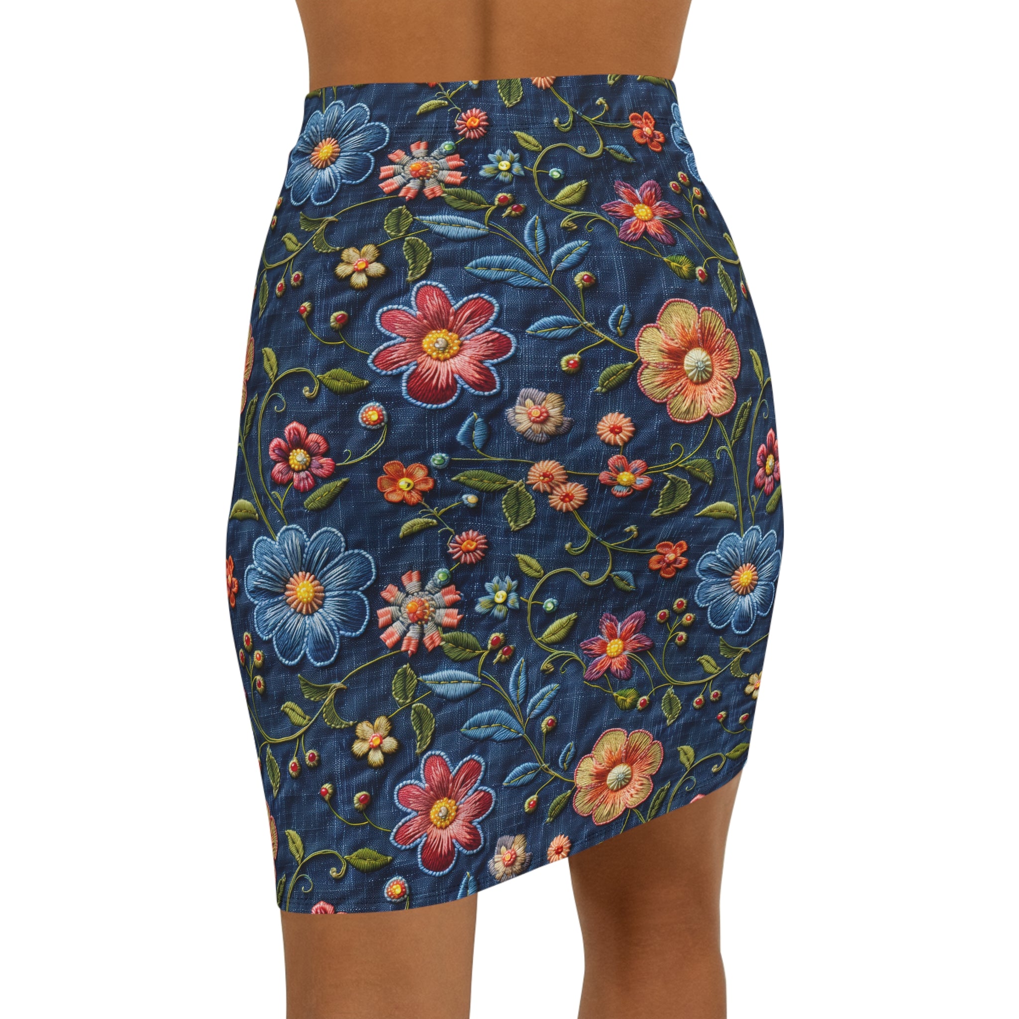 Floral Embroidered Look Denim Pencil Skirt — Mid‑Waist Retro Flower Print